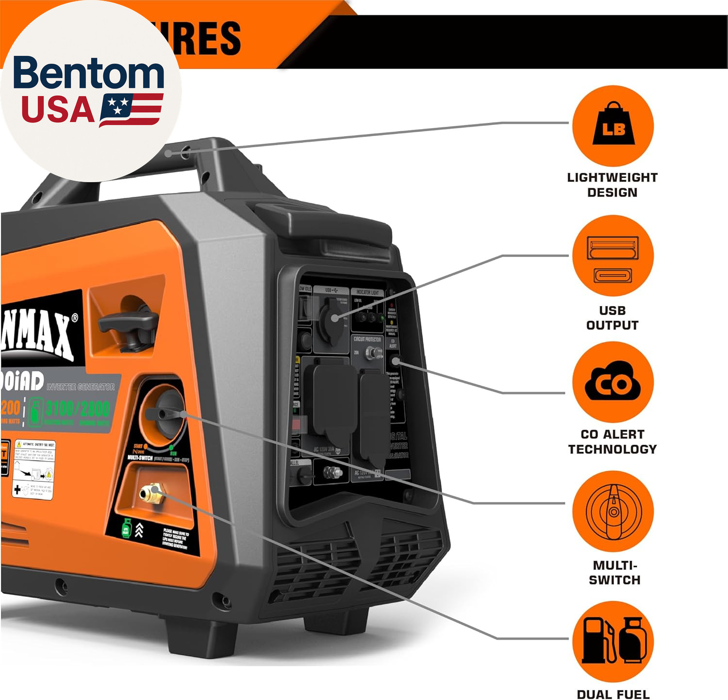Portable Generator, 3500W Super Quiet Gas or Propane Powered Engine with Paralle