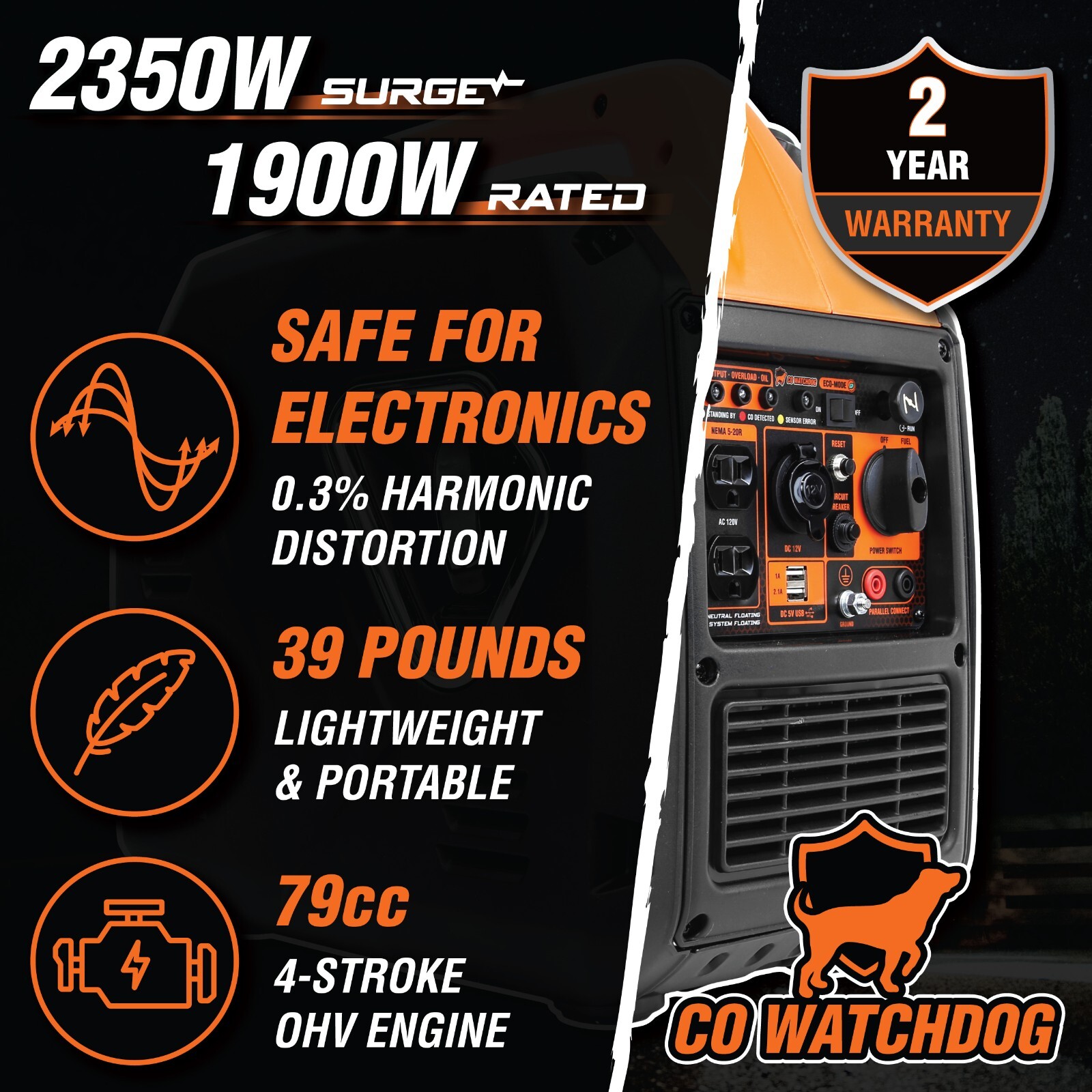 Super Quiet 2350W Portable Inverter Generator with Fuel Shut Off/CO Sensor