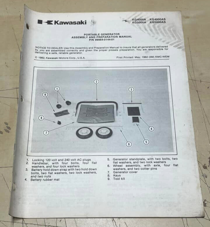 Vtg 1982 Kawasaki KG4000A 5000A AS Portable Generator Dealers Assembly Manual