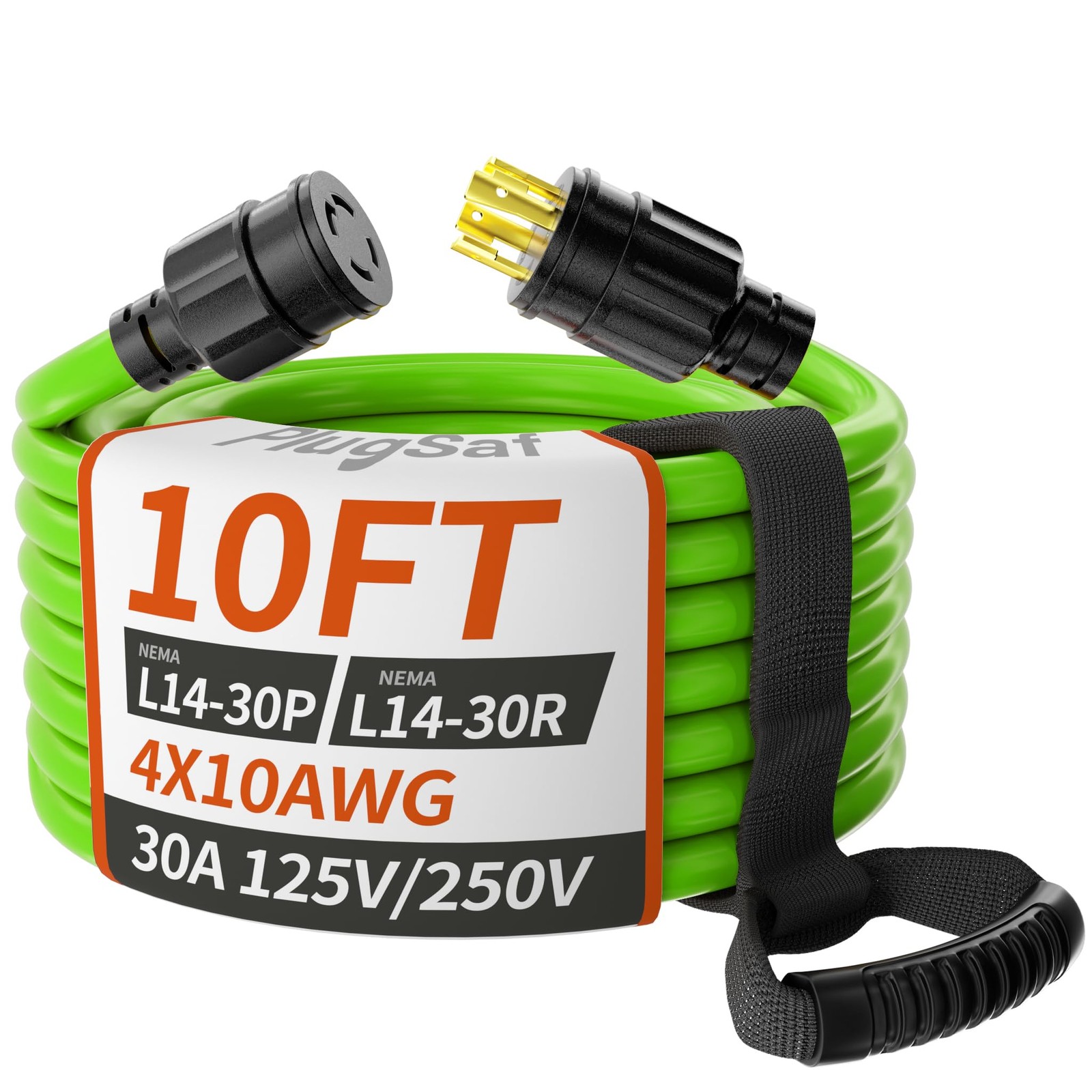 PlugSaf 10FT 30 Amp Generator Extension Cord 4 Prong, NEMA 10FT, Green