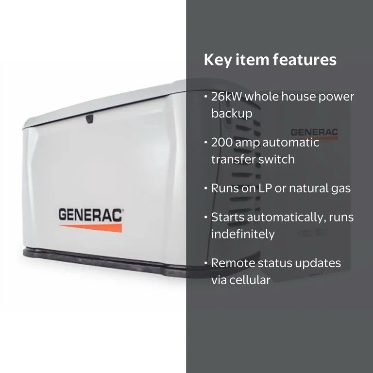 Generac 26kW Home Standby Generator Dual Fuel 200A Auto Transfer Switch, Remote
