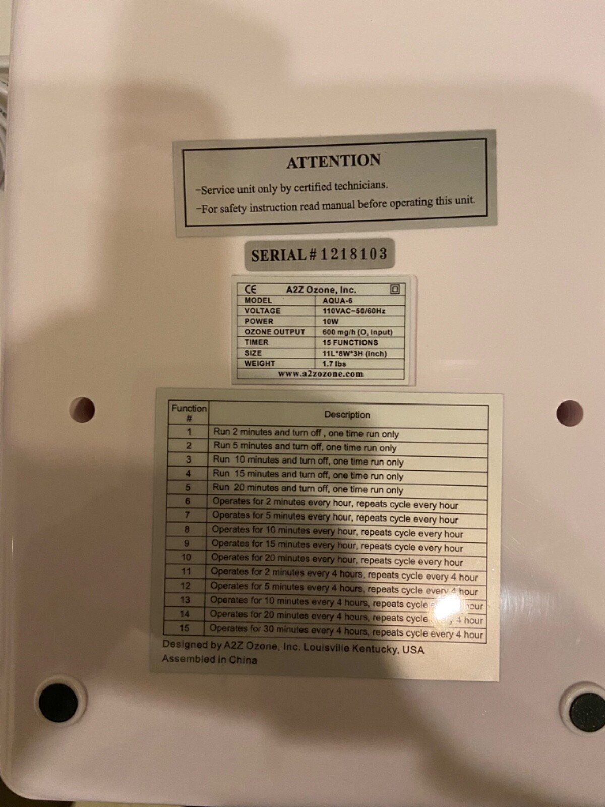A2Z Aqua-6 Ozone Generator Portable 110V Timer 15-Setting Tested Working