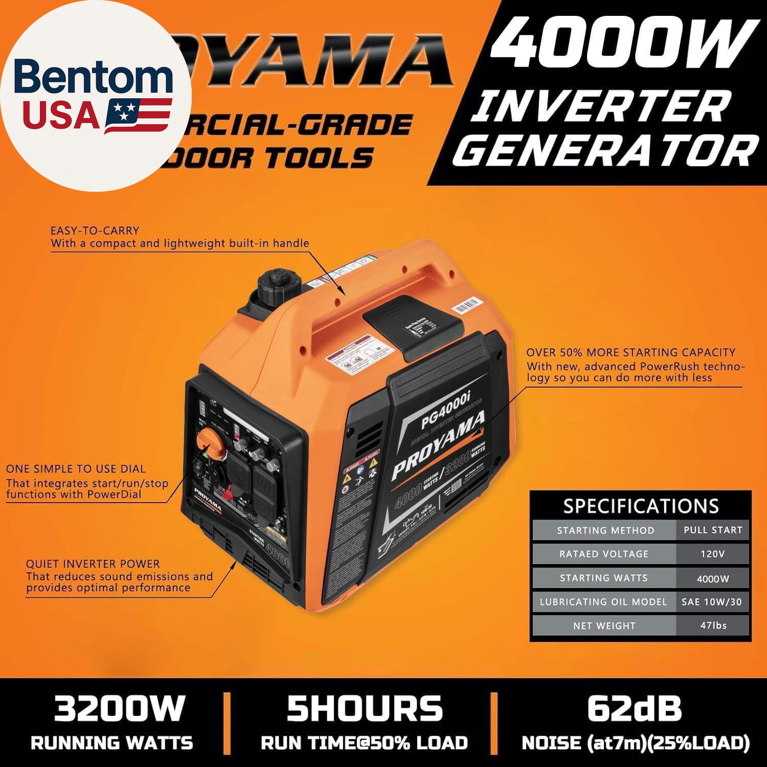 4000W Portable Gas Inverter Generator, CO Sensor, Digital Interface, RV – Ready,
