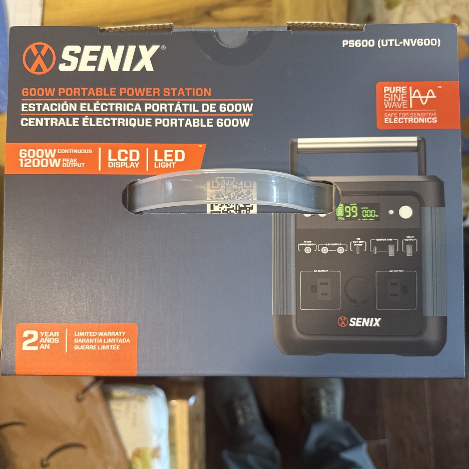 Senix PS600 600W/1200W Peak Portable Power Station 518Wh Pure Sine Wave AC/DC
