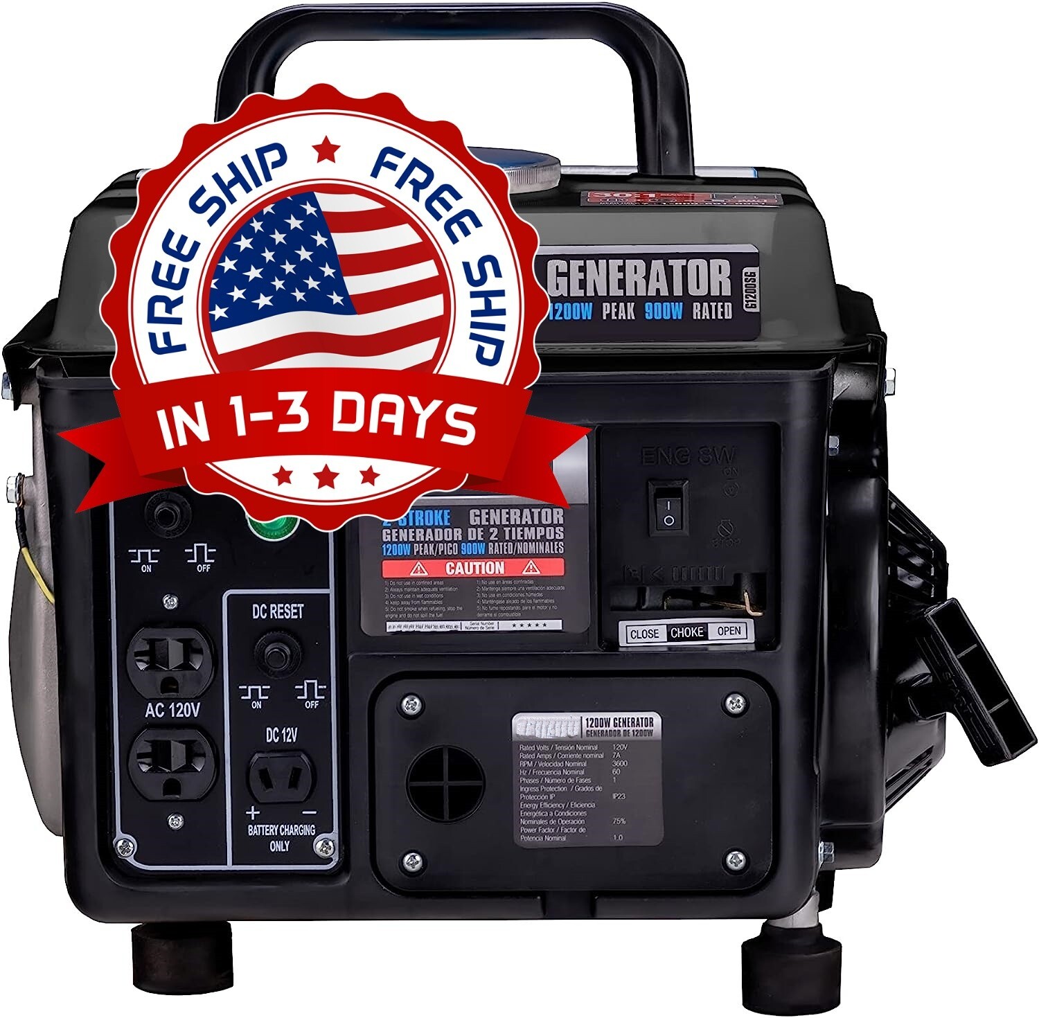 Generador portátil a gas con asa de transporte de 1200 W y amplio espacio US NEW