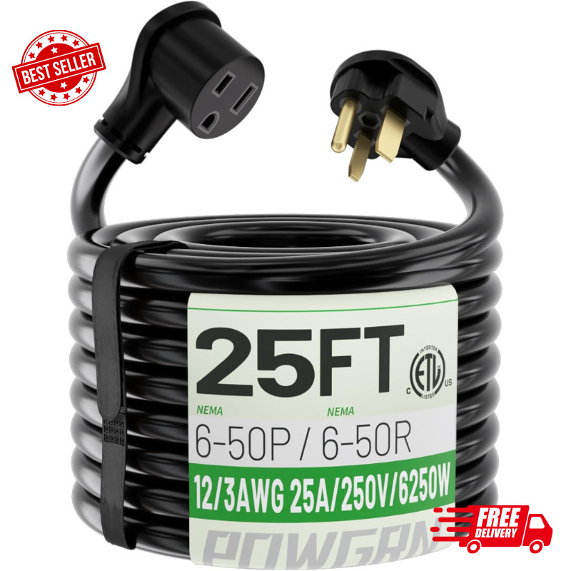 25 AMP 25ft Welder Extension Cord Outdoor 12 Gauge, 250V NEMA 6-50 Heavy Duty 3