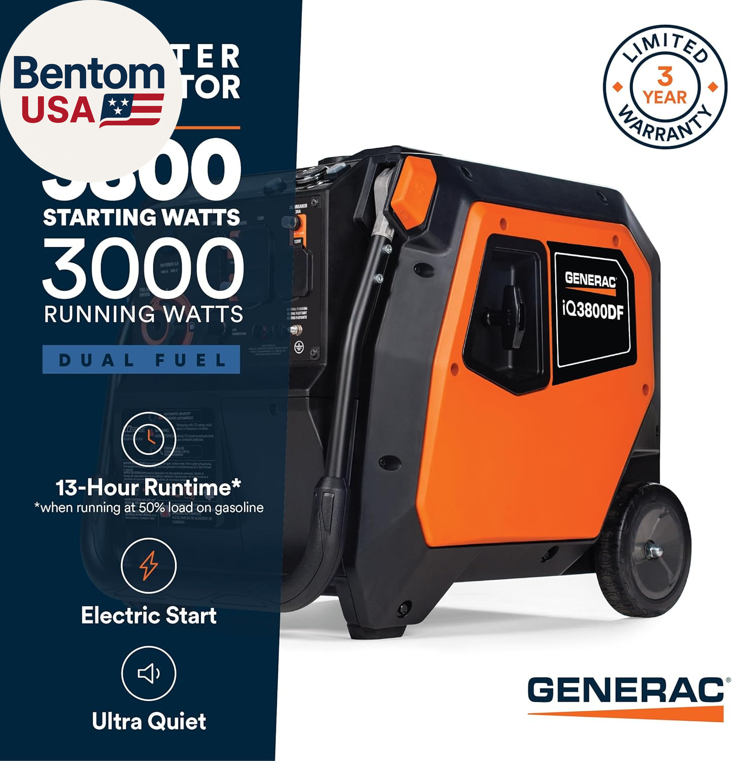 3,800-Watt Dual-Fuel Portable Inverter Generator – Gas and Propane Compatible –