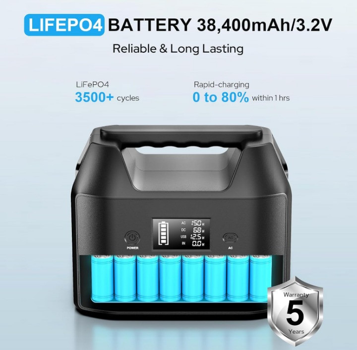 Estación de Energía Portátil 150W 122.8Wh LiFePO4 para Camping y RV, Nuevo