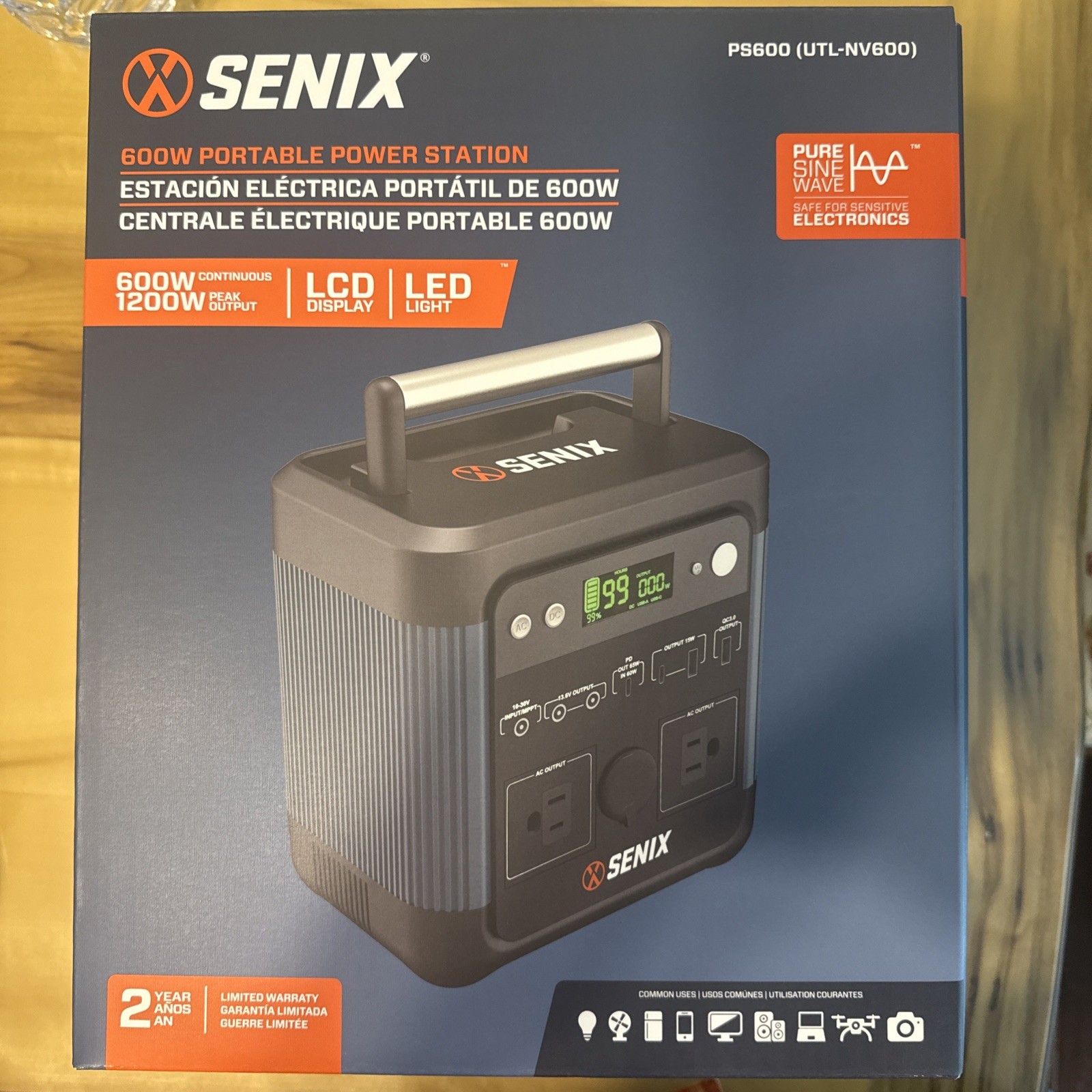 Senix PS600 600W/1200W Peak Portable Power Station 518Wh Pure Sine Wave AC/DC