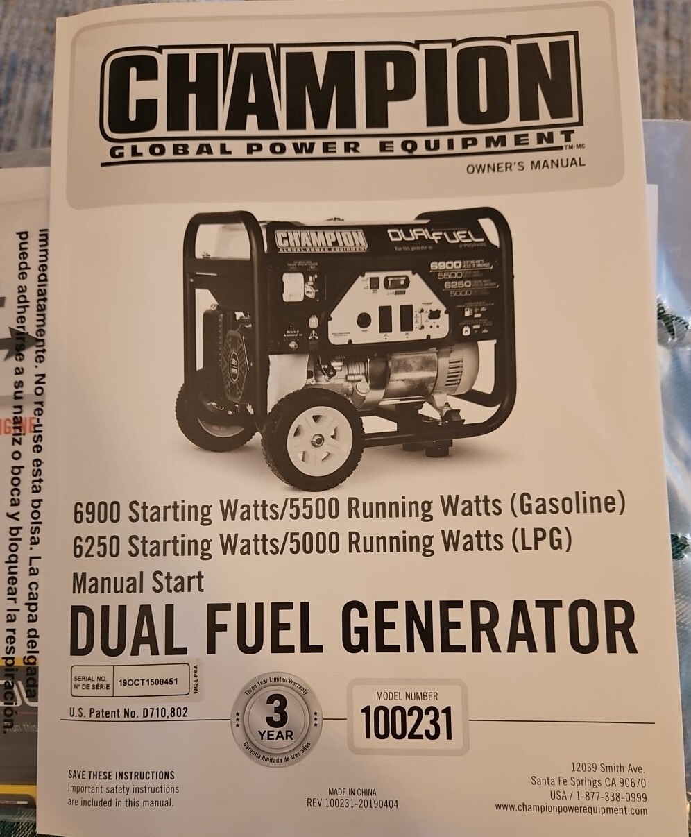 Champion 100231 Portable Generator Owner’s Manual & Operting Instructions OEM