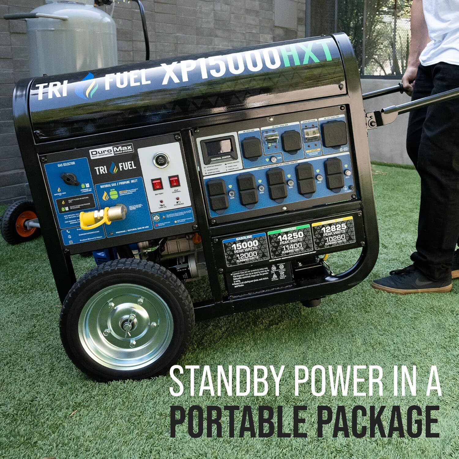 DuroMax 15,000-W Portable Hybrid Tri Fuel Gas Generator, Remote Start, CO Sensor