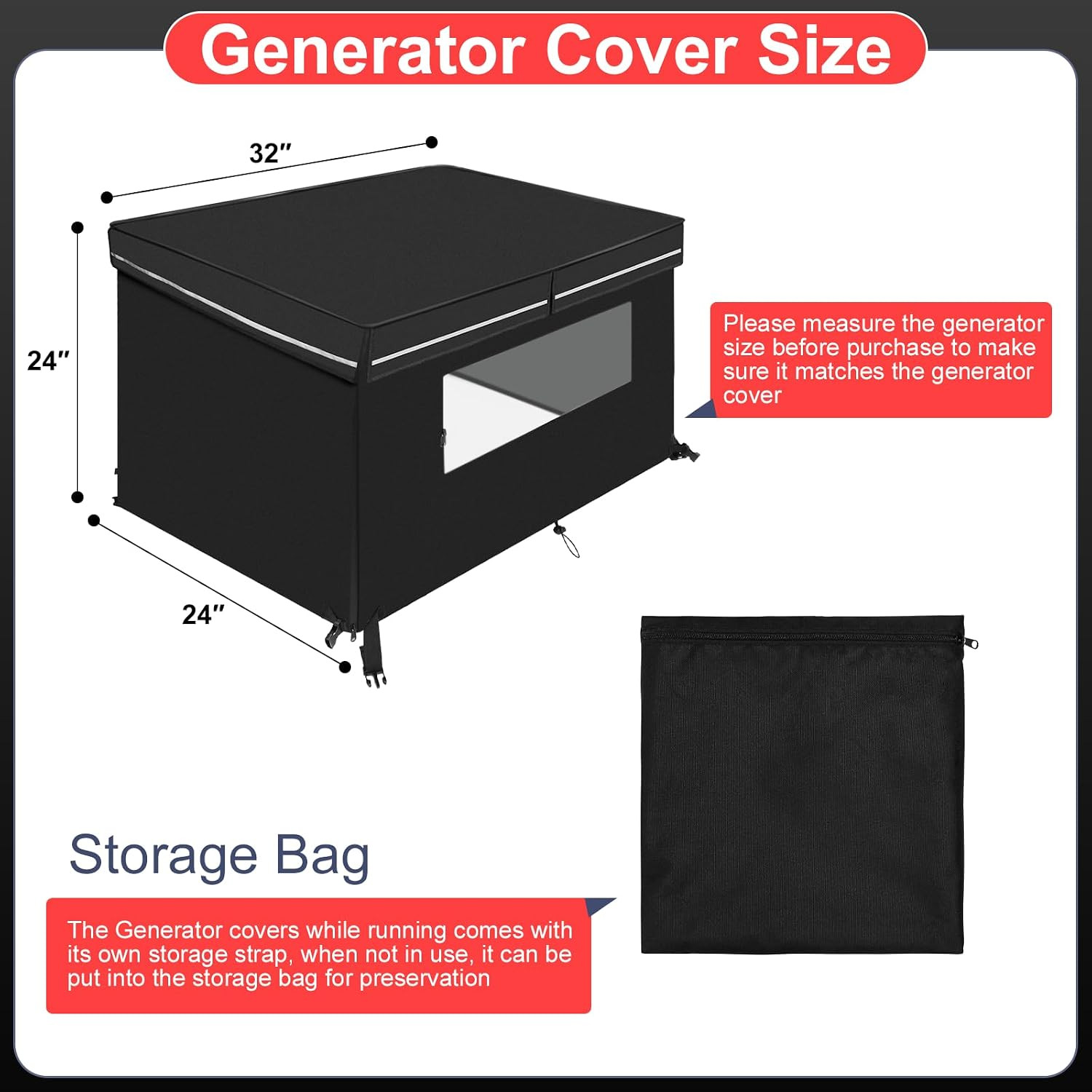 Generator Covers While Running, 32”L×24”W×24”H, Waterproof, Black | 600D Oxfo