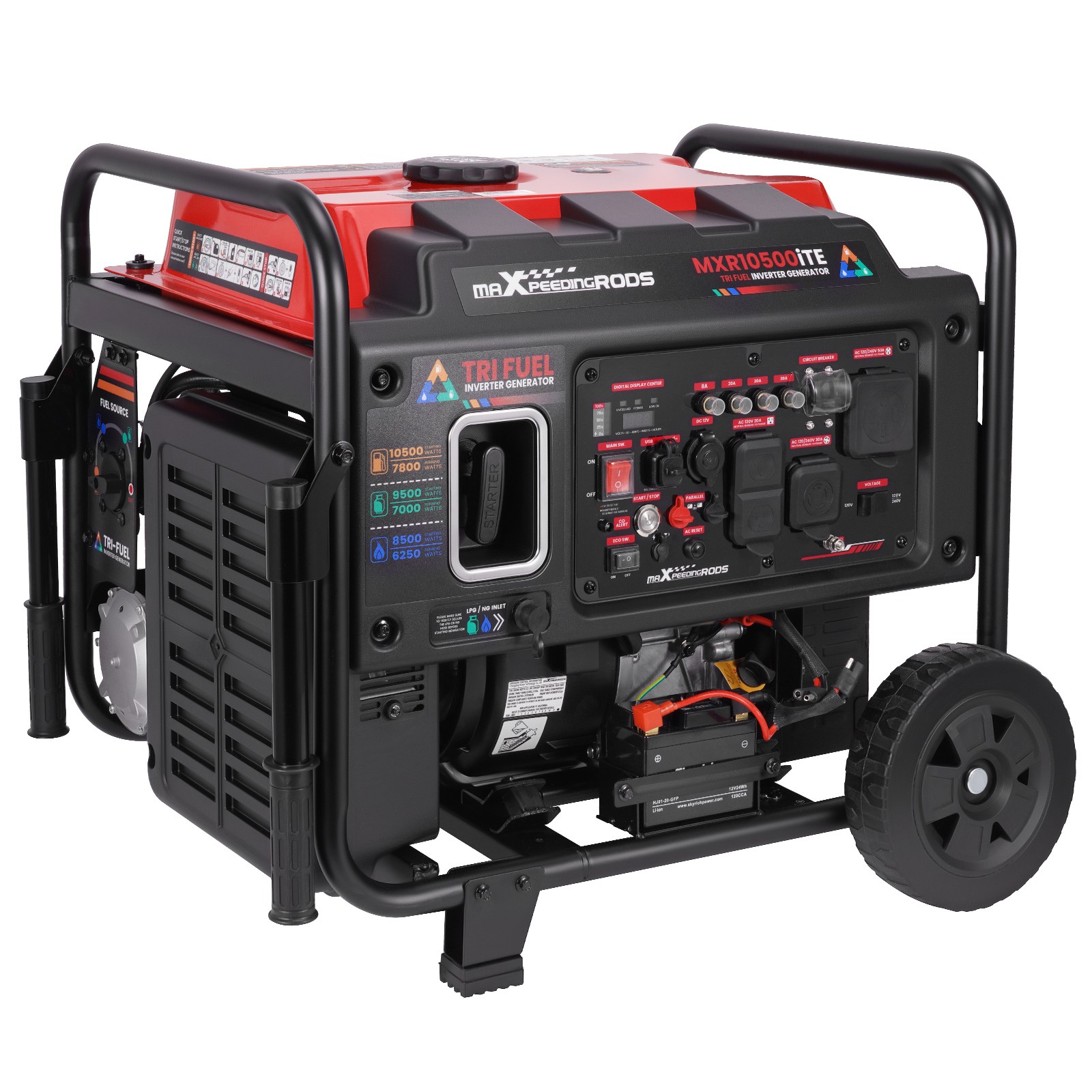 10500W Peak 120/240V Inverter Generator Tri-Fuel Quiet ECO Mode for Job Site