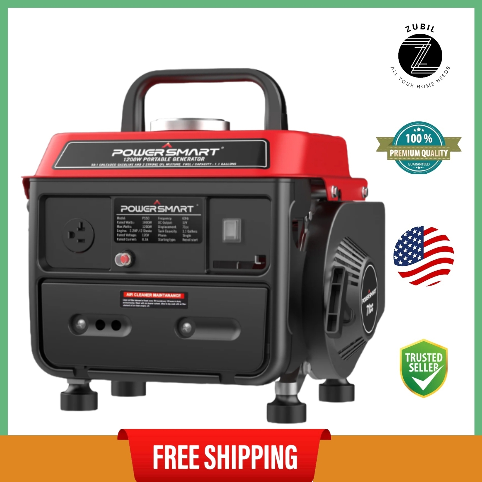 PowerSmart 1200W Gas Fuel Generator Portable Inverter for Camping Outdoor, Low N