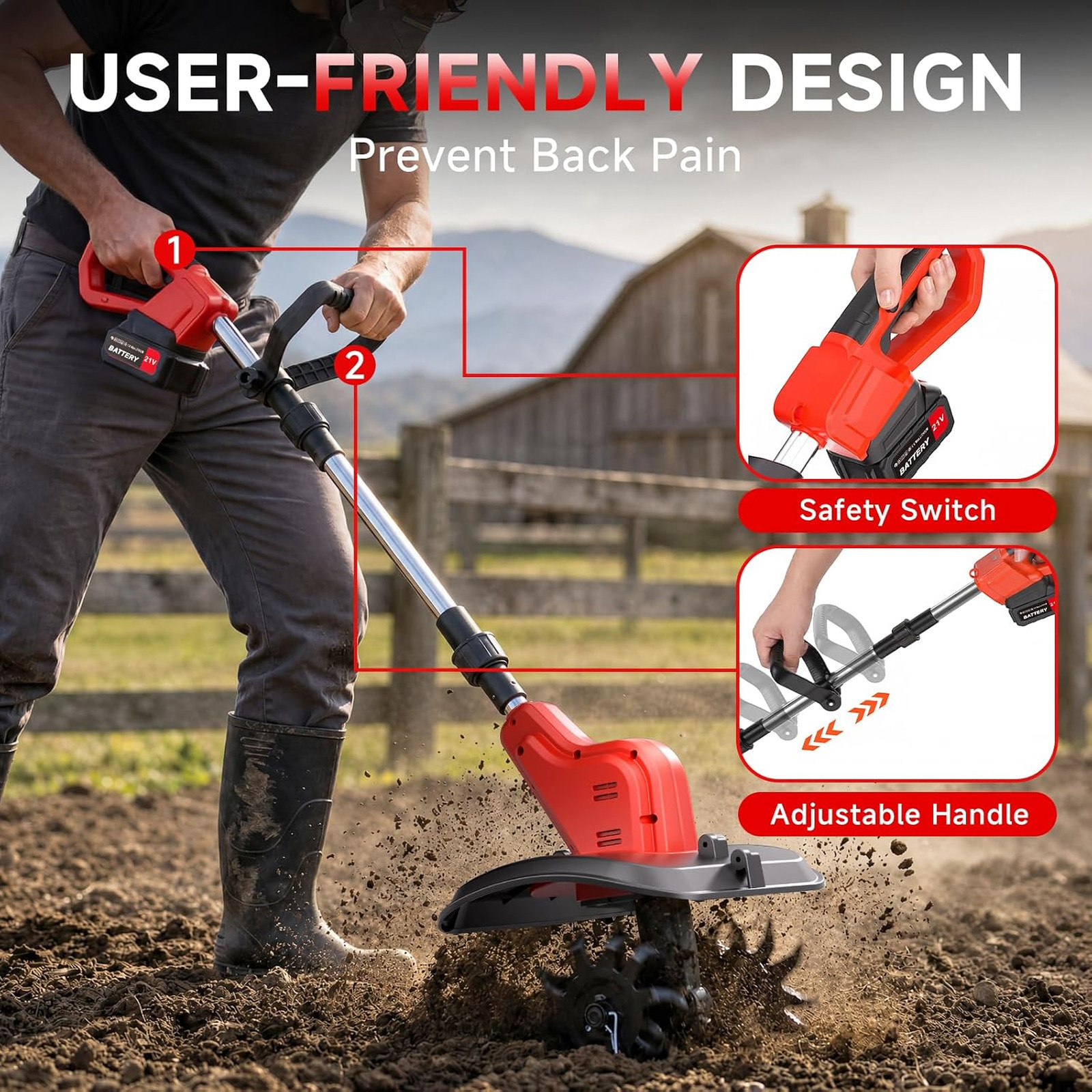 21V Cordless Garden Tiller with 4.0Ah Batteries 11.8 Inch Width 6.6 Inch Depth