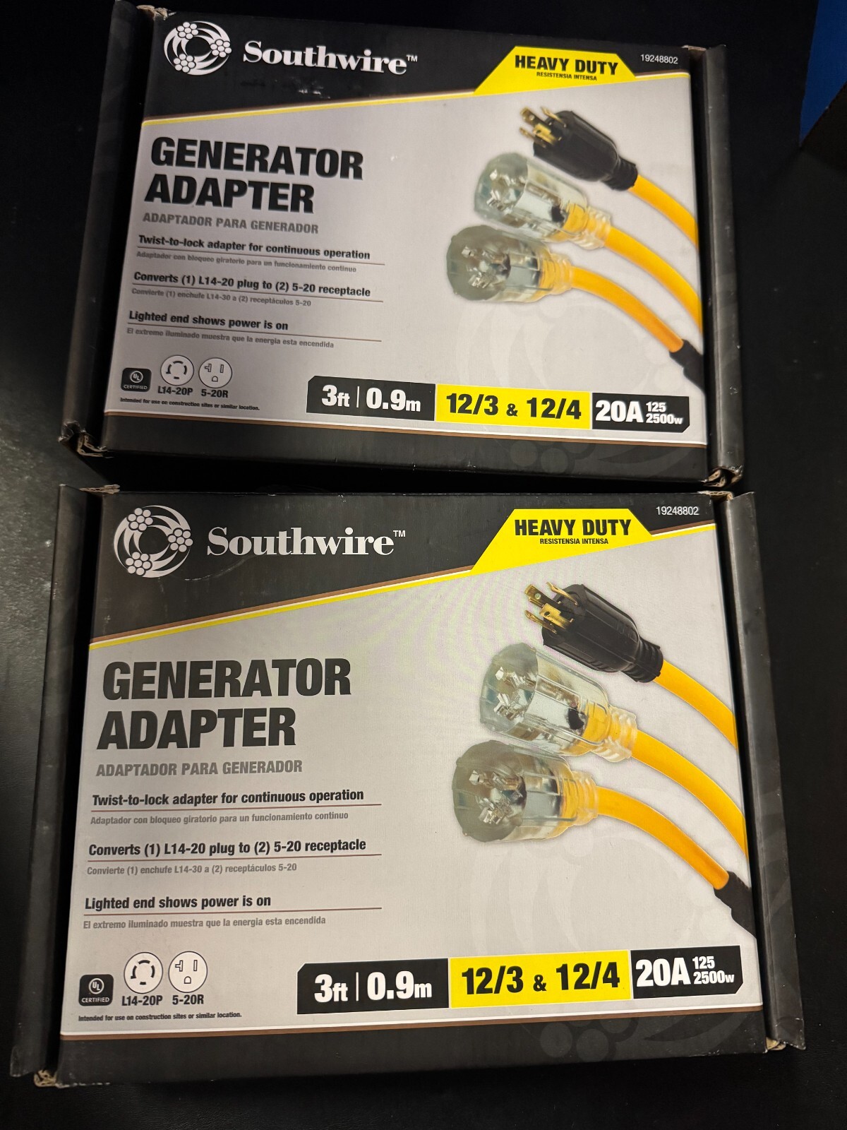 2X NEW Southwire 3 ft 12/4 STOW Generator Cord Yellow 20A