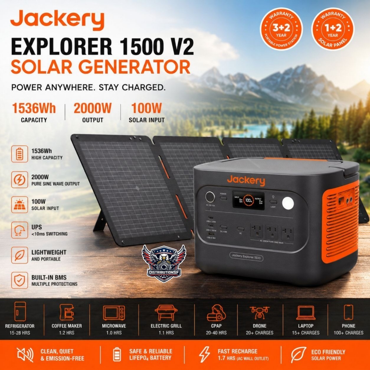 Jackery Explorer 1500 V2 Solar Generator 1536Wh 2000W + 100W Solar Panel