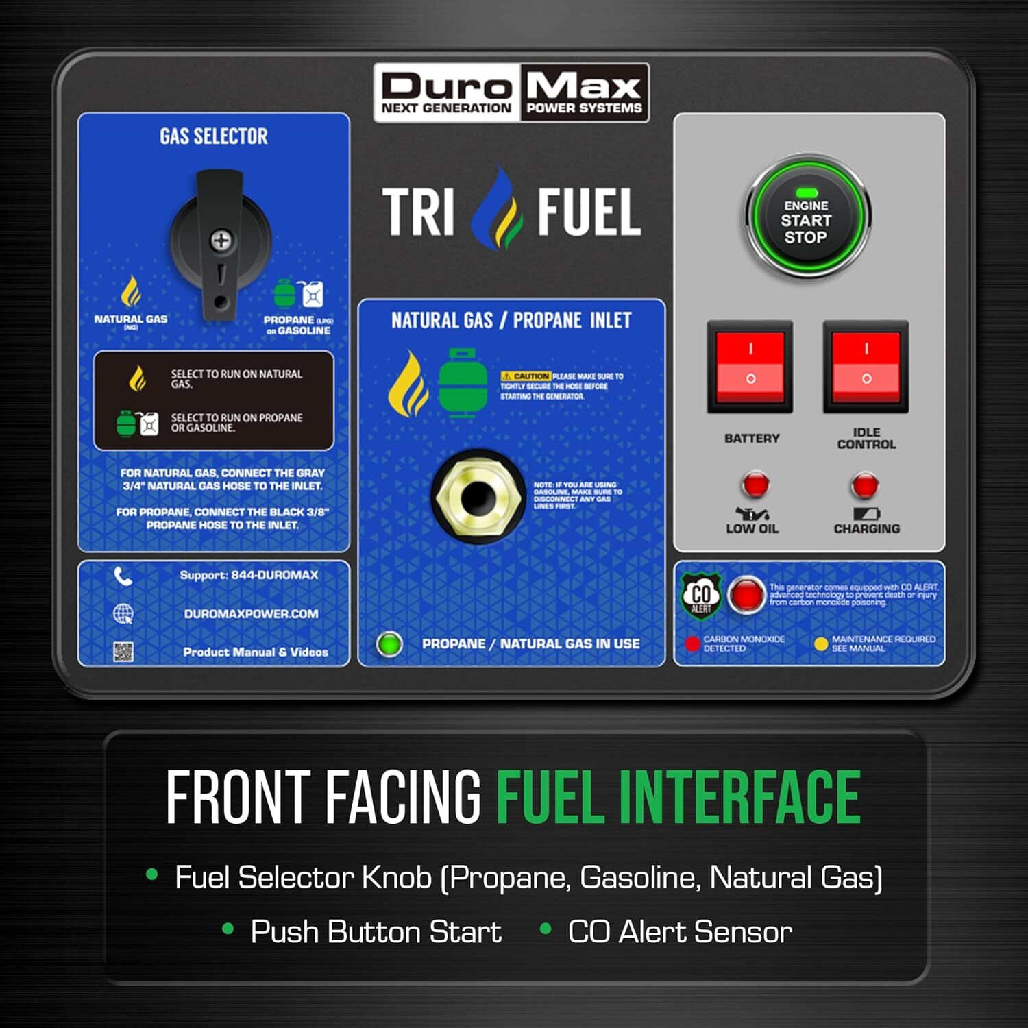 DuroMax 15,000-W Portable Hybrid Tri Fuel Gas Generator, Remote Start, CO Sensor