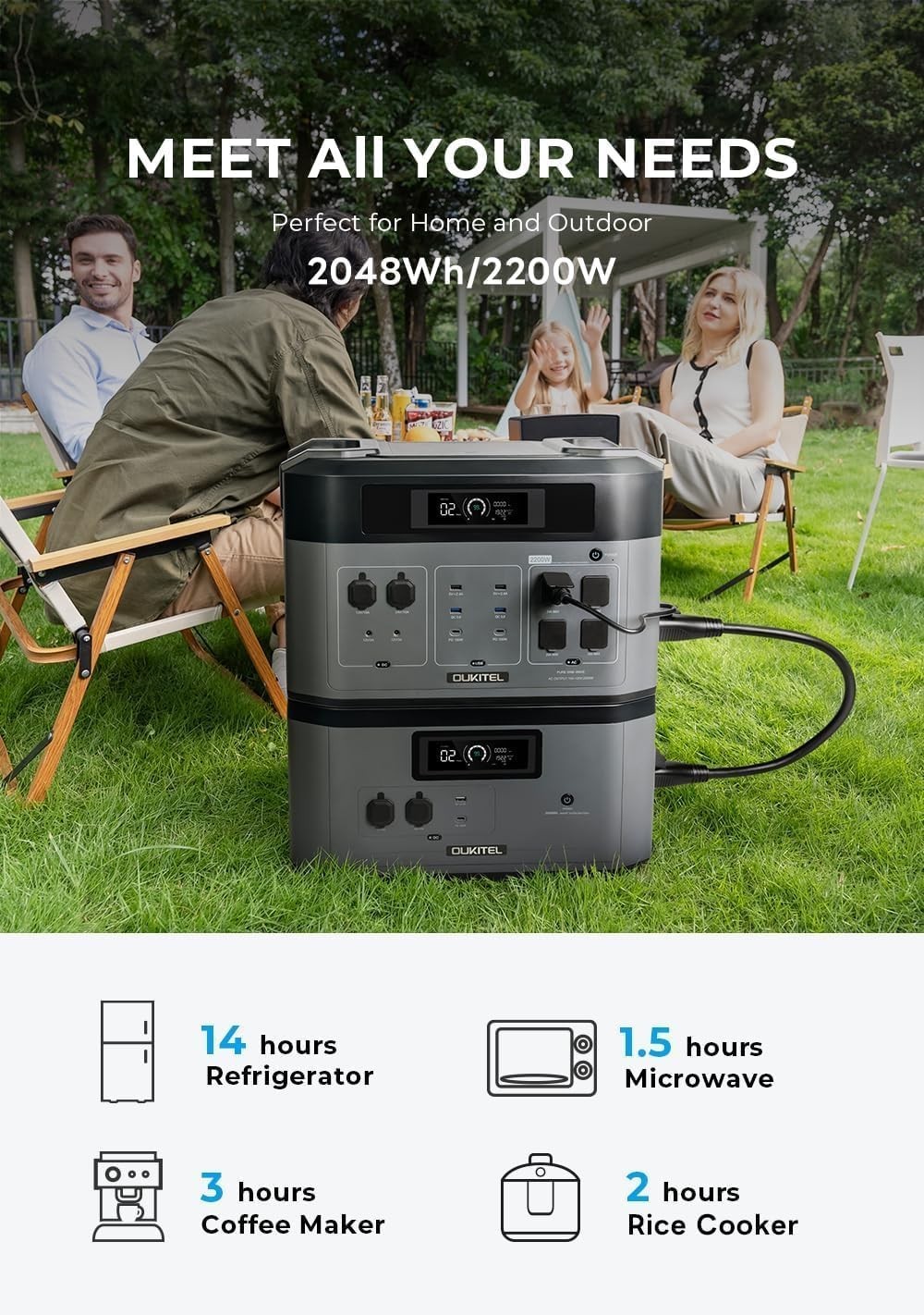 OUKITEL BP2000 Power Station 2200W, Solar Generator2048Wh/ Expansion Battery
