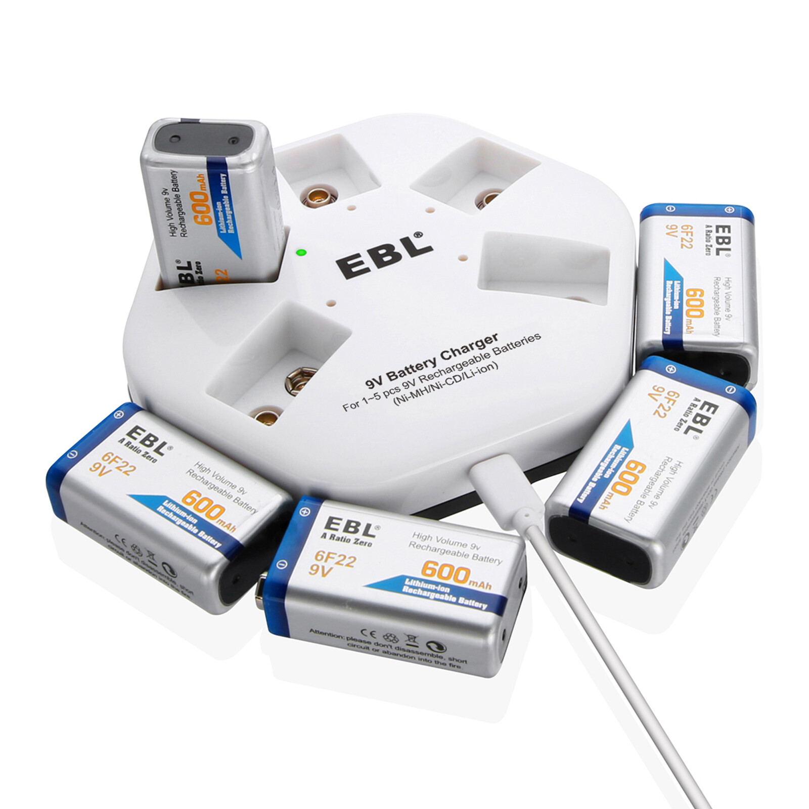 EBL 5pcs 9V Li-ion 600mAh Rechargeable Batteries with 5 Bay 9-Volt Charger