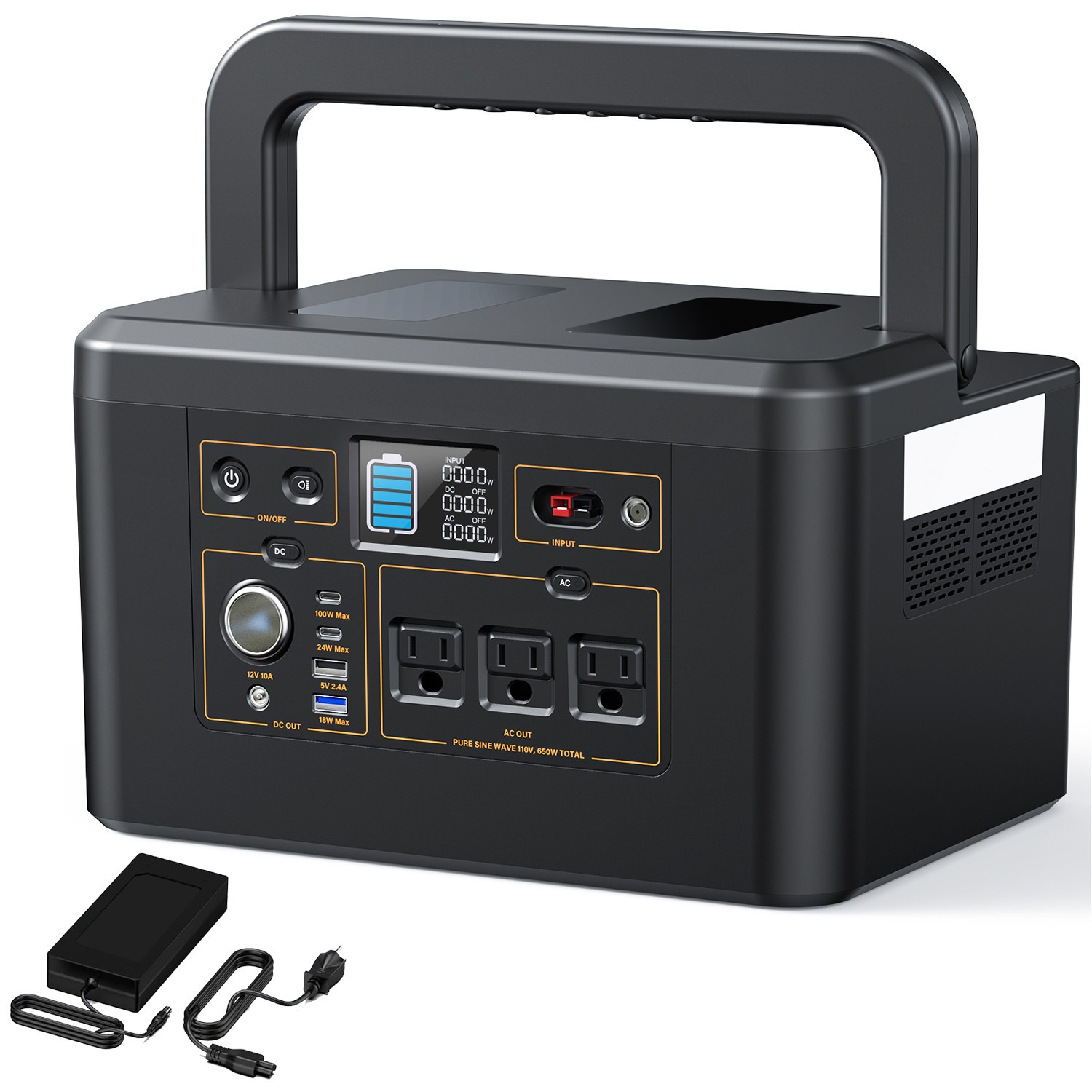 Portable Power Station 650W 576Wh Battery Camping Battery Backup Solar Generator