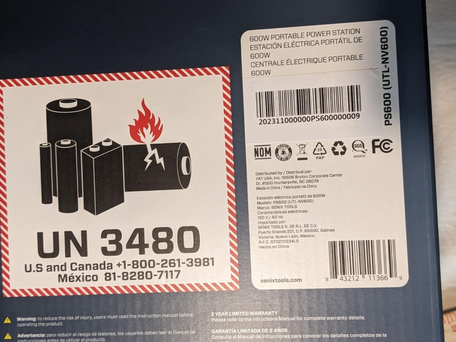 Senix PS600 600W/1200W Peak Portable Power Station 518Wh Pure Sine Wave AC/DC