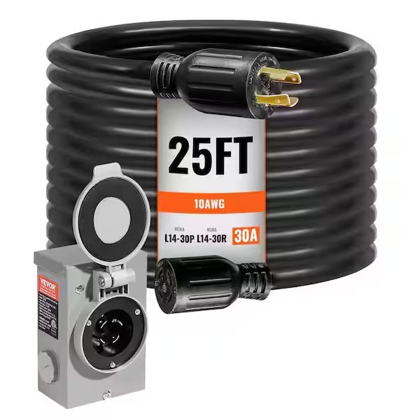 VEVOR 25 ft. 30 Amp 125-Volt 10AWG Generator Extension Cord Power Inlet Box Kit