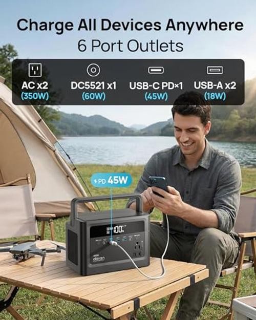 Portable Power Station 350W, 230.4Wh LiFePO4 Battery 110V Pure Black