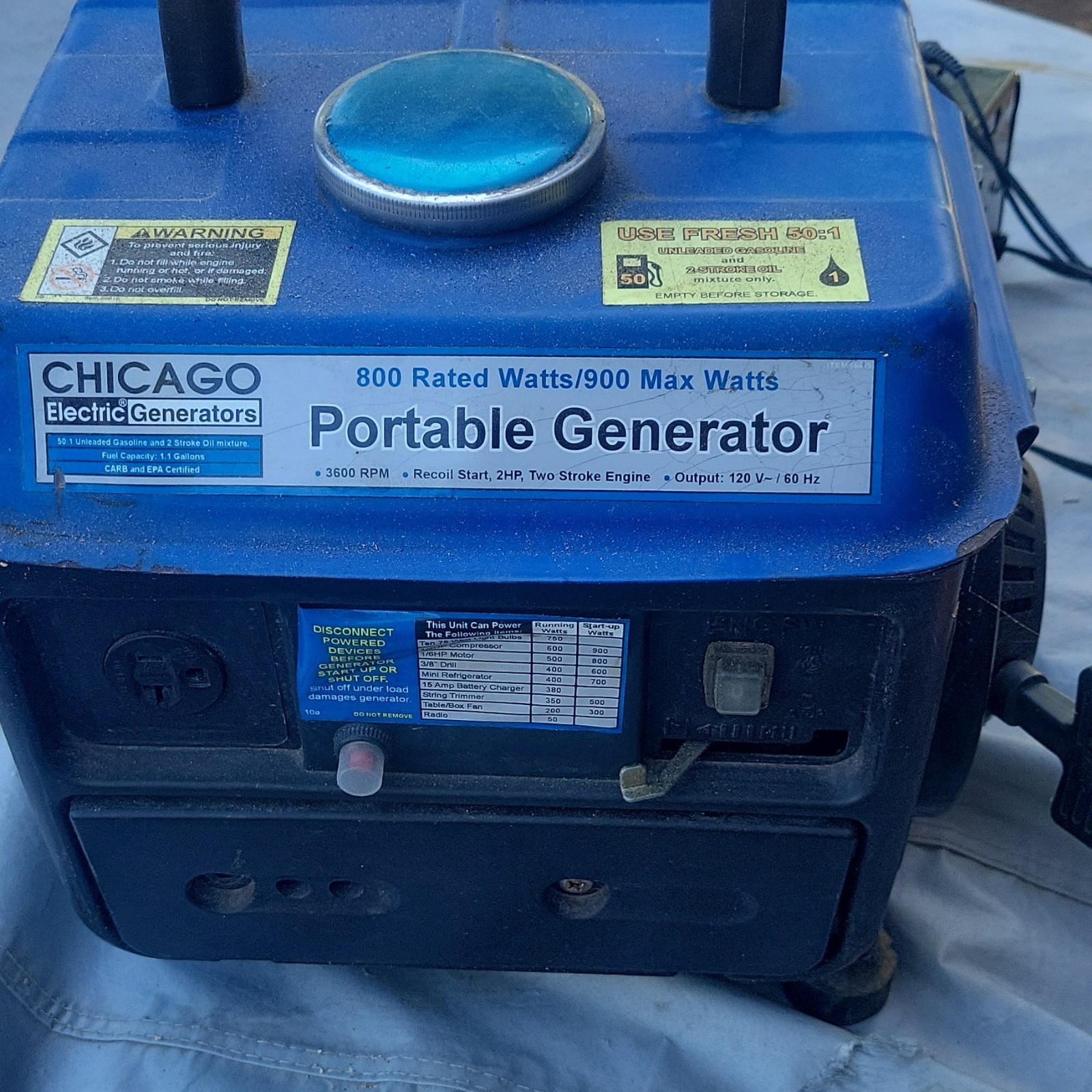 Chicago Electric Portable Gas Generator 800W/900W 120V Recoil Start 66619