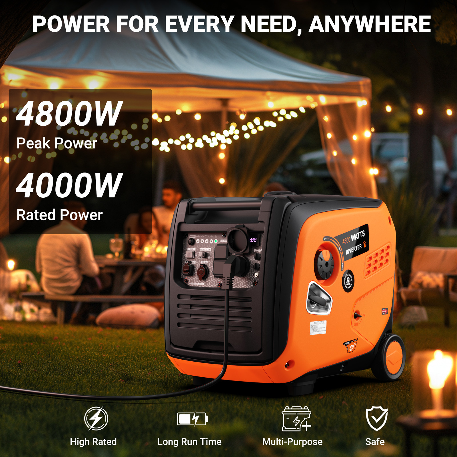 Efurden 4800W Gas Generator Portable Inveter Quiet Pure Sine Save CO / ECO Mode