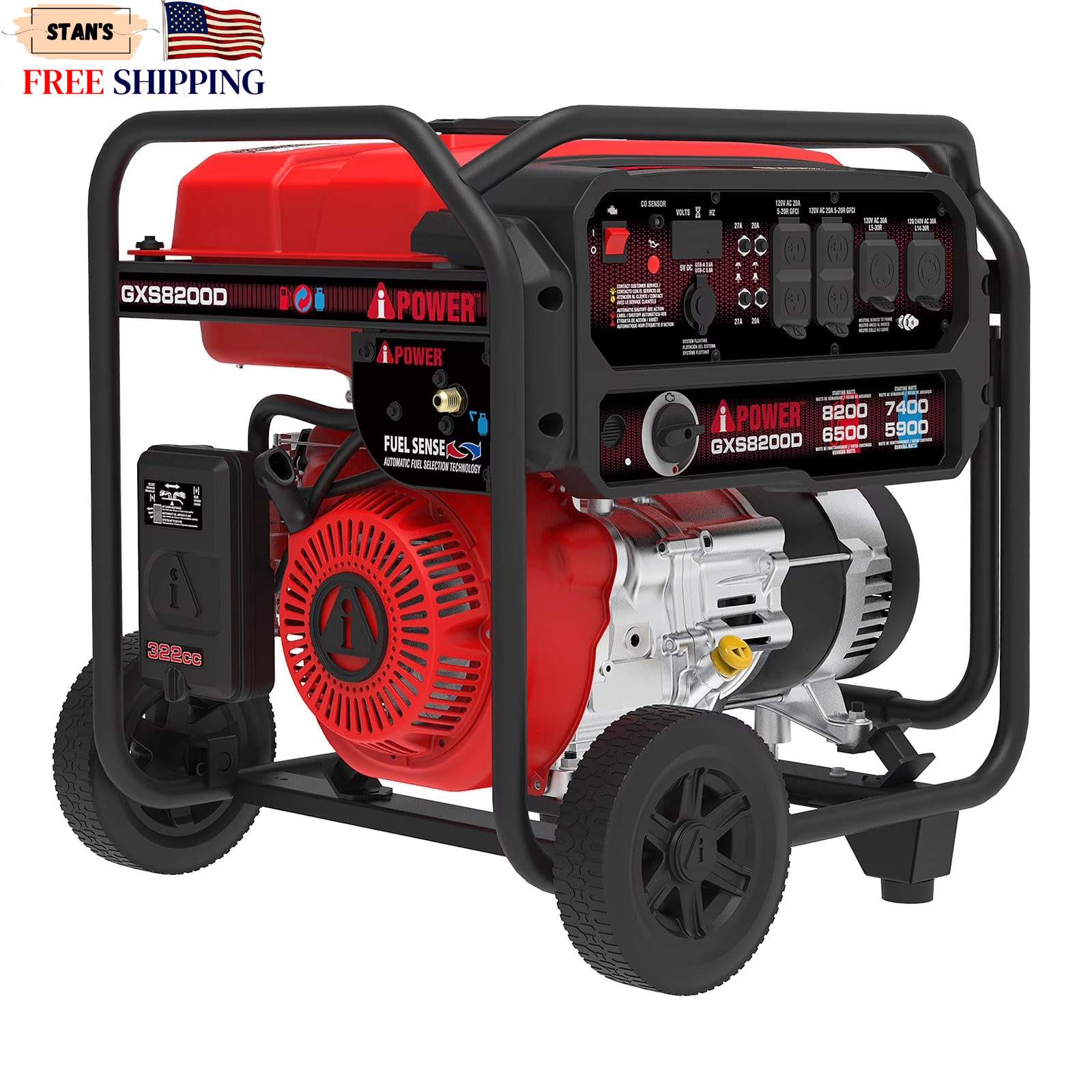 8200 Watts Gas Powered Portable Generator with CO Sensor, 120/240V, Recoil St…