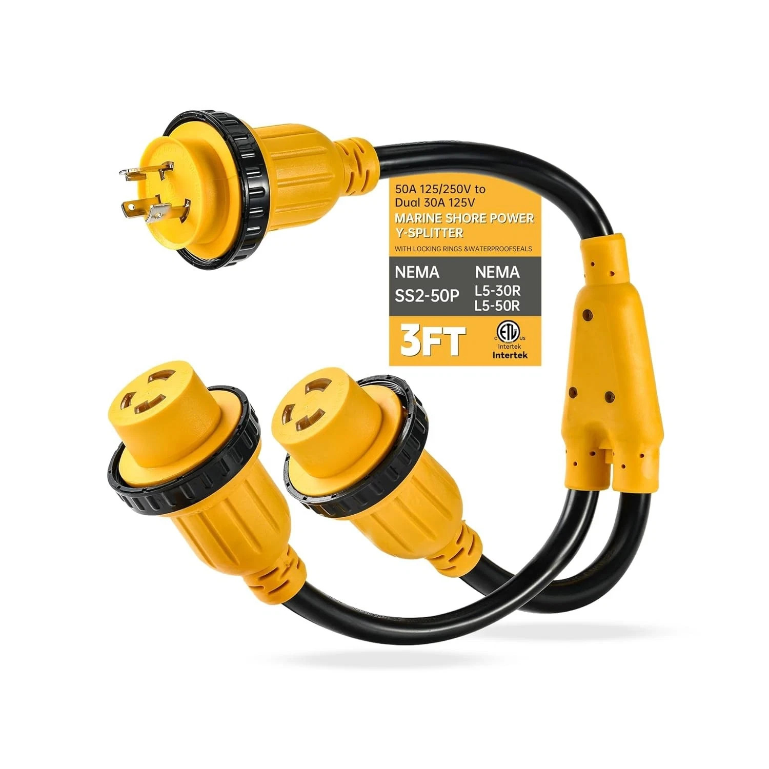 30 Amp NEMA L5-30P to 2x L5-30R Shore Power Splitter Cord Hardwired ETL Listed
