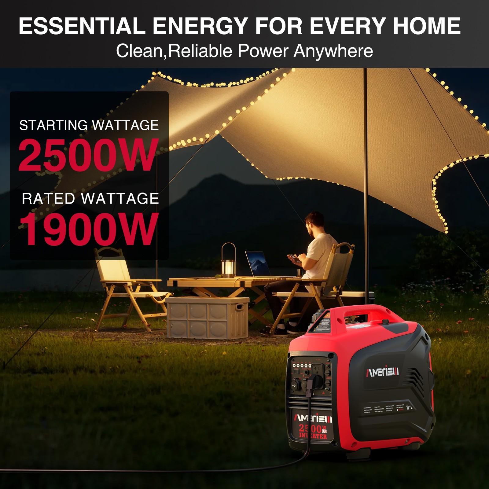 2500W Gasoline Generator w/CO, Portable Inverter, Used For Job Sites, Camping