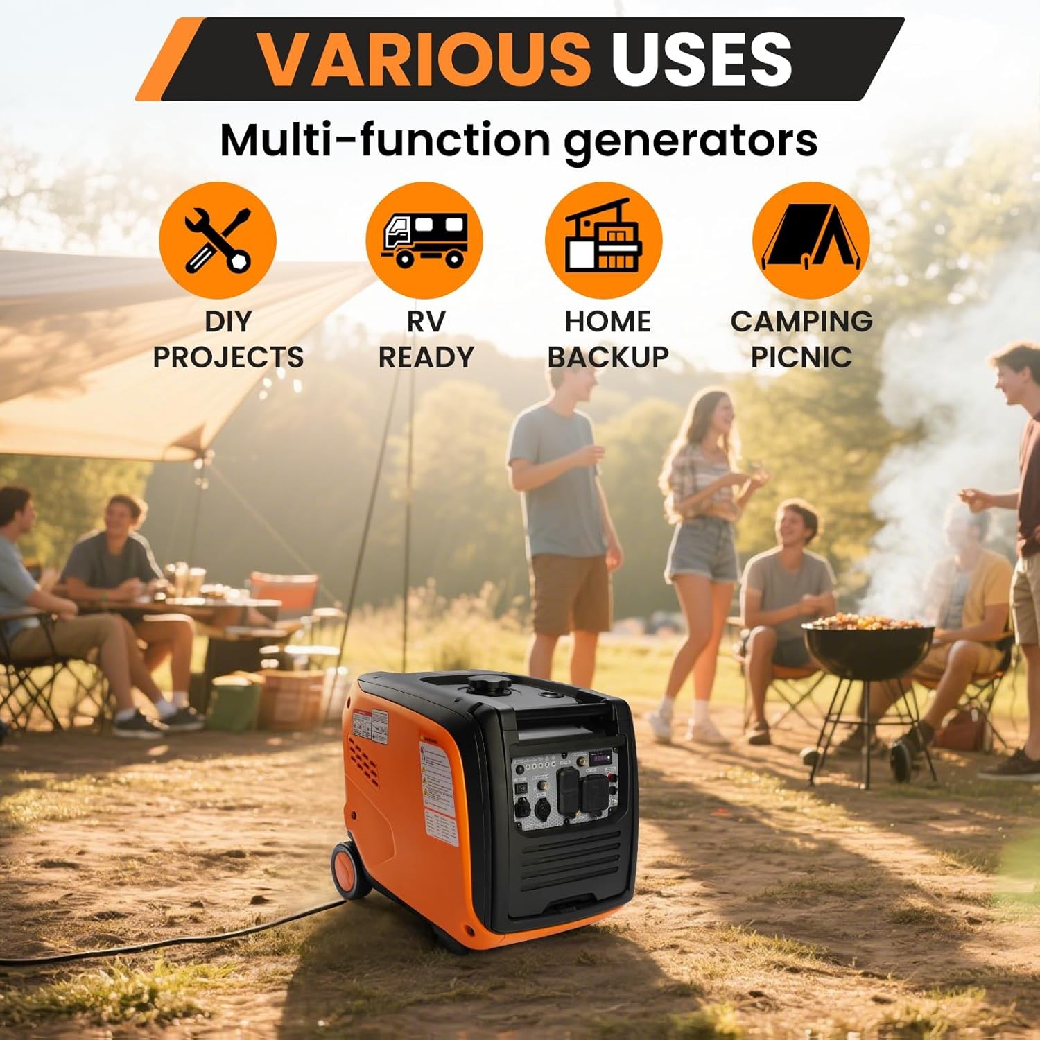 Efurden 4800W Portable Inverter Gas Generator Super Quiet Generator Outdoor