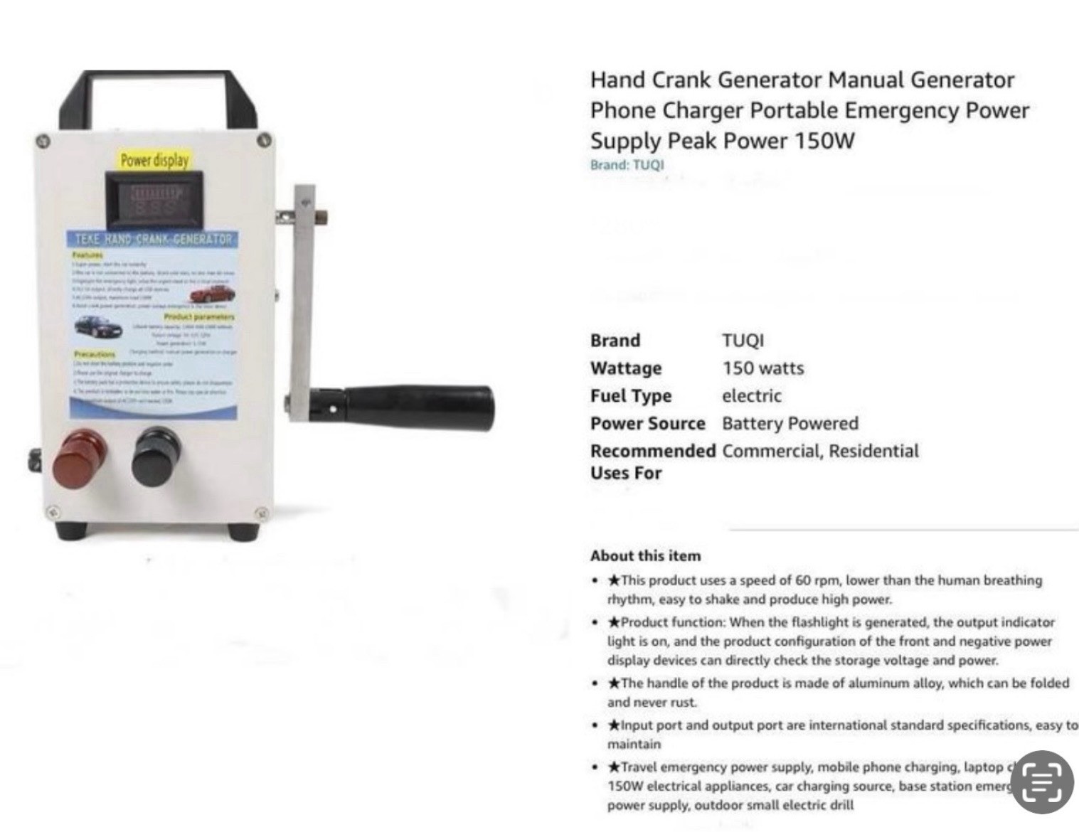 TUQI 150 Watt Hand Crank Portable Emergency Generator Compact Size 95.4% Inverte