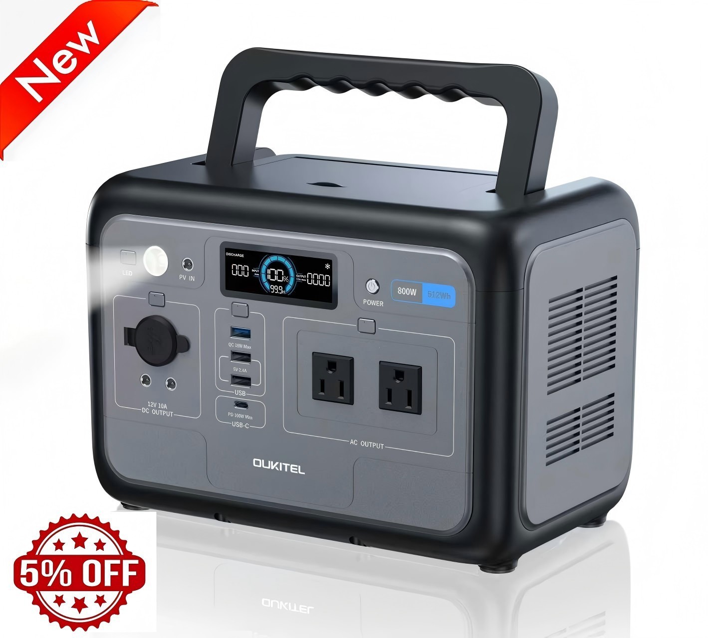 OUKITEL Portable Power station 800W Solar Generator 512Wh Peak 1600W LF Battery