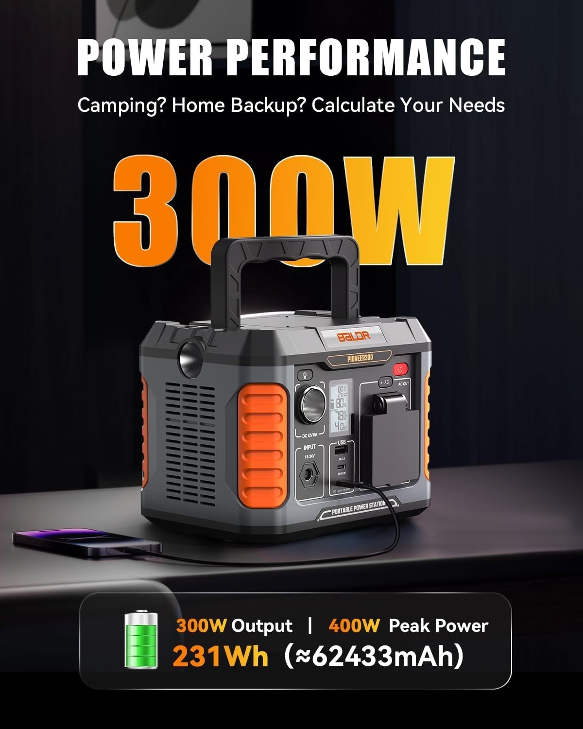 BALDR Portable Power Station 300W 231Wh Power Bank with 100W Two-Way Charging