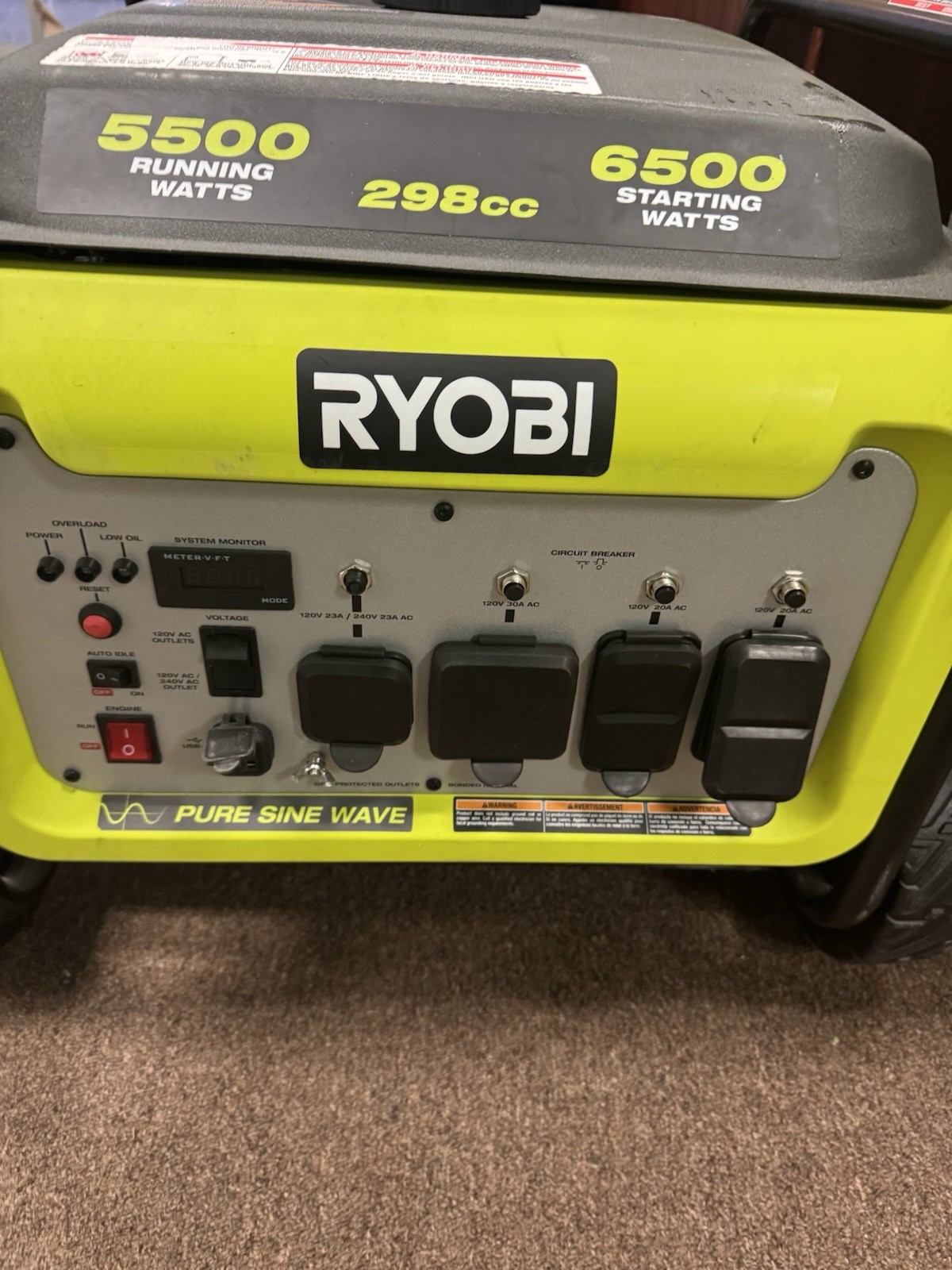 Ryobi Power Generator 5500 Running 6500 Starting Watts Pure Sine Wave Green