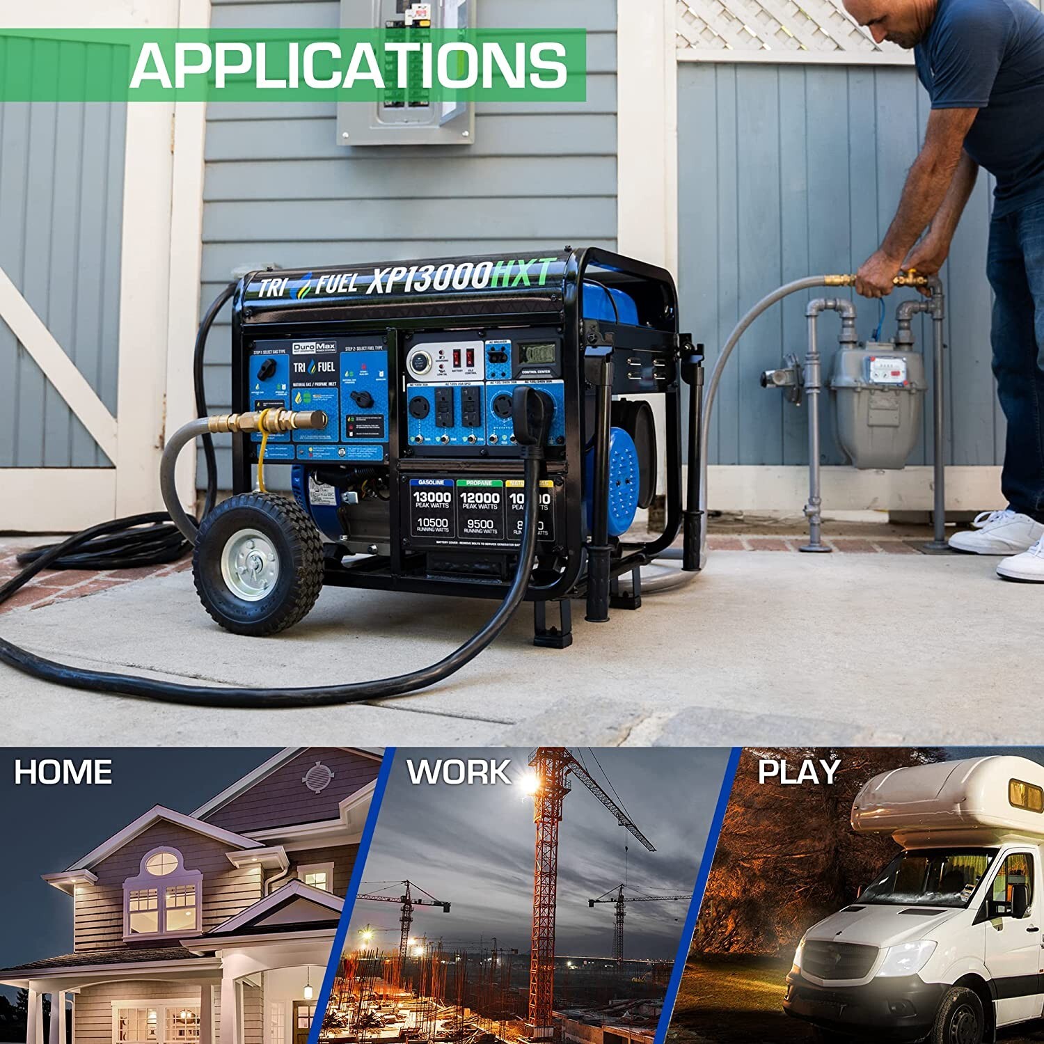 DuroMax 13,000-W Portable Hybrid Tri Fuel Generator w/ Electric Start, CO Sensor