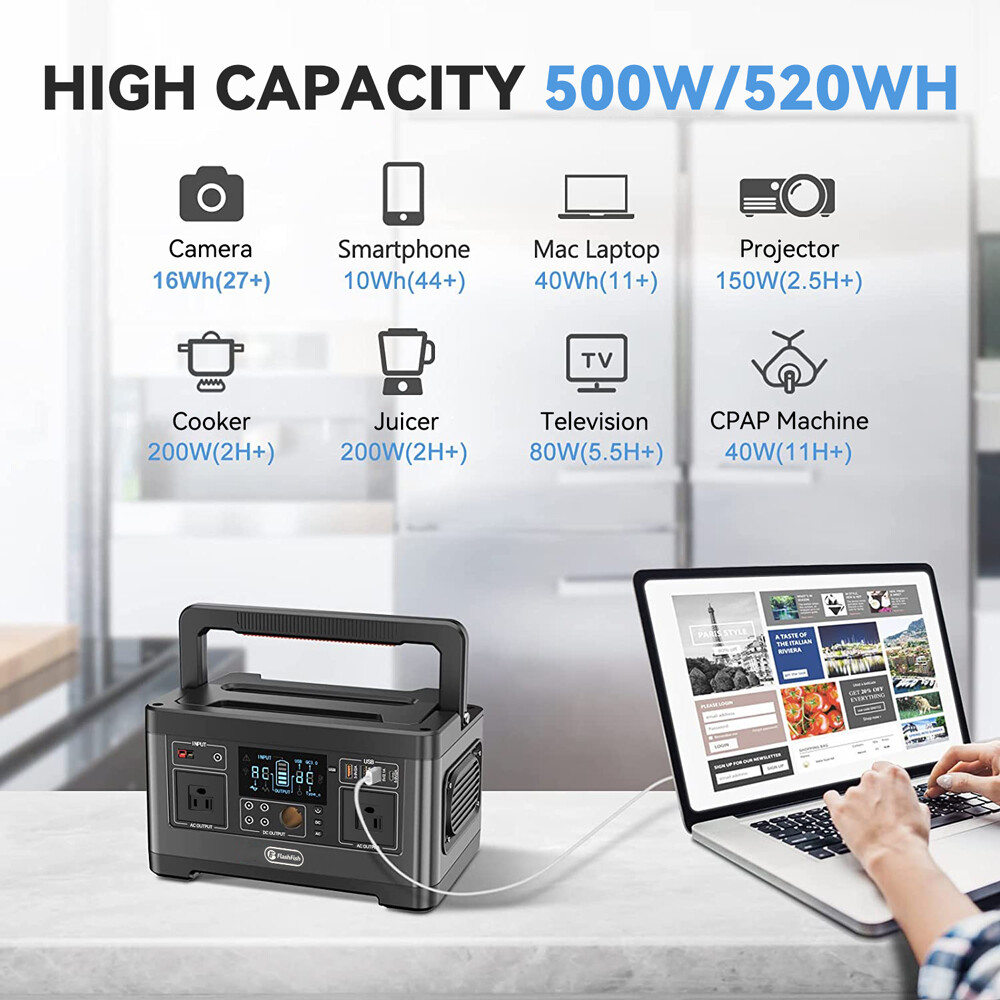 Flashfish Portable Power Station Generator 520Wh/500W for Outdoor/Camping/RV