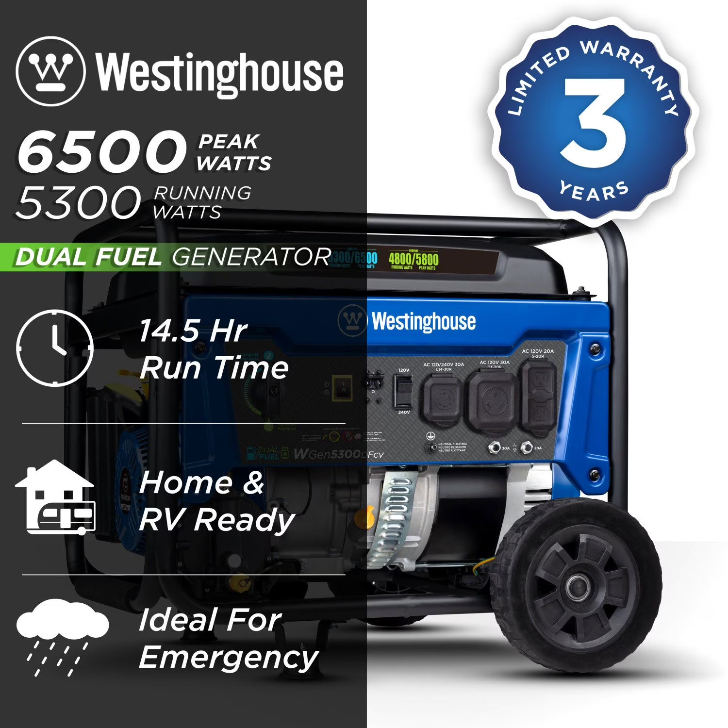 Westinghouse 6500/5300W Dual Fuel Portable Generator w/CO Sensor + Propane Hose