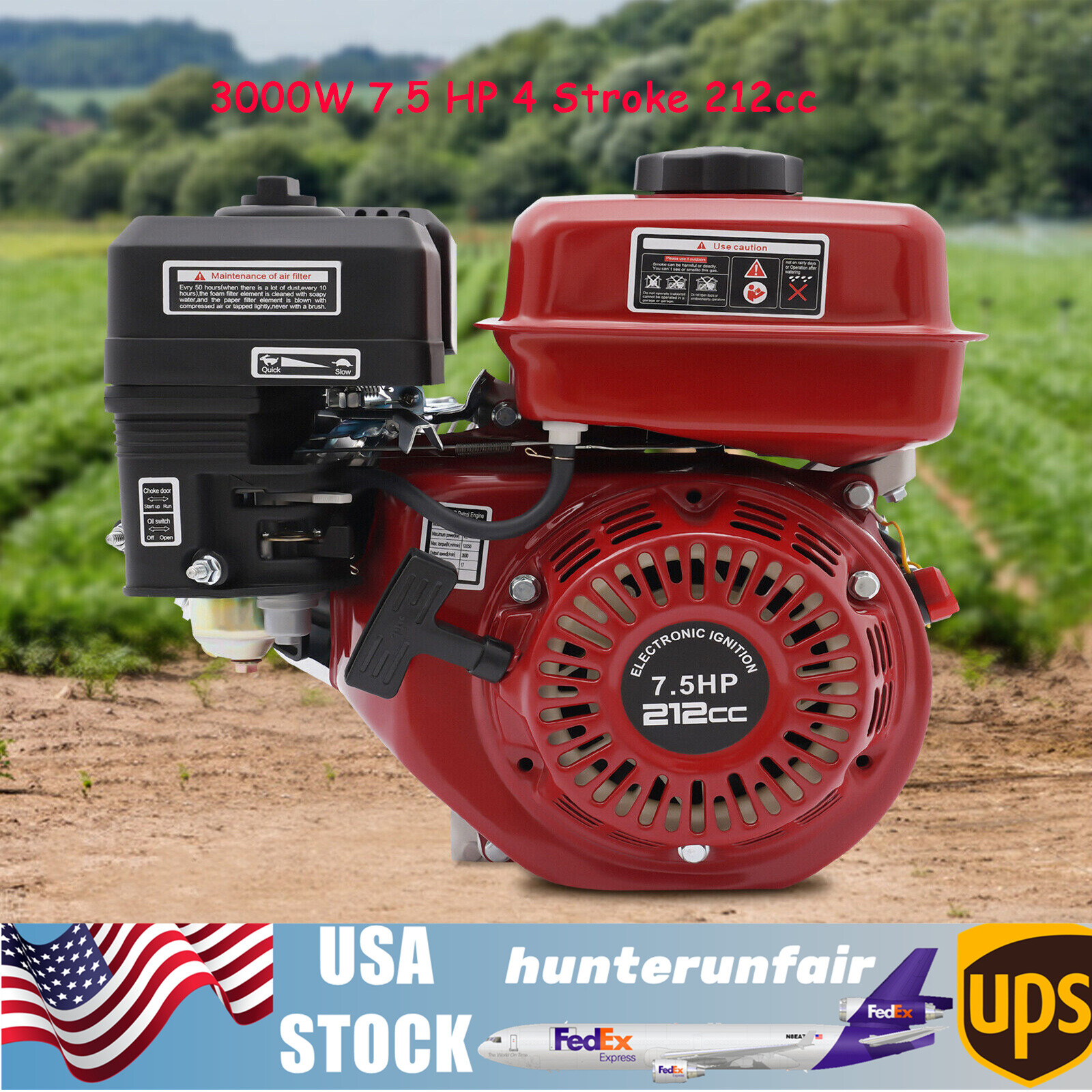US 7.5HP Motor 4 Stroke Gas Powered Portable Engine 212cc Air Cooling Pull Start