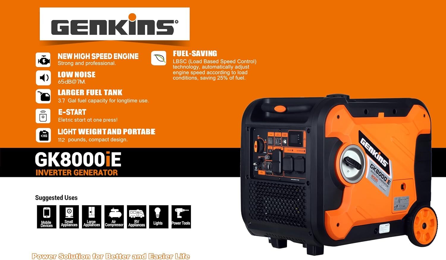 Genkins 8,000-W Super Quiet Portable Gas Inverter Generator with Electric Start