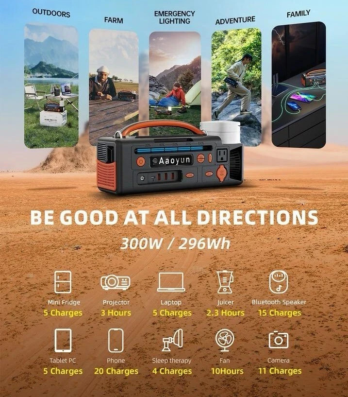 Aaoyun Portable Power Station 300W, 296Wh Battery Back-Up for Outdoor Indoor Use