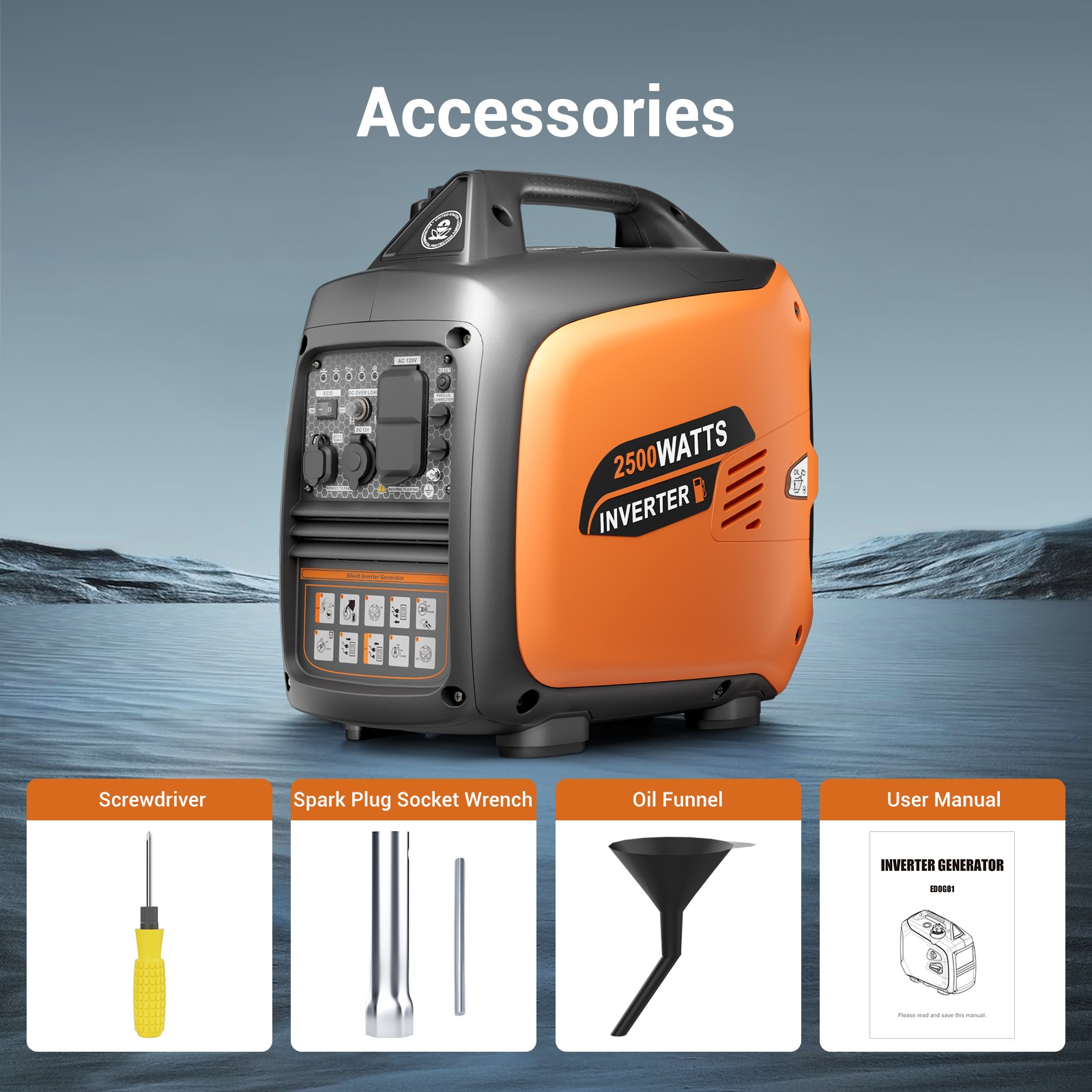 Efurden 2500W Portable Inverter Generator Quiet Gas CO Sensor Indoor/Outdoor