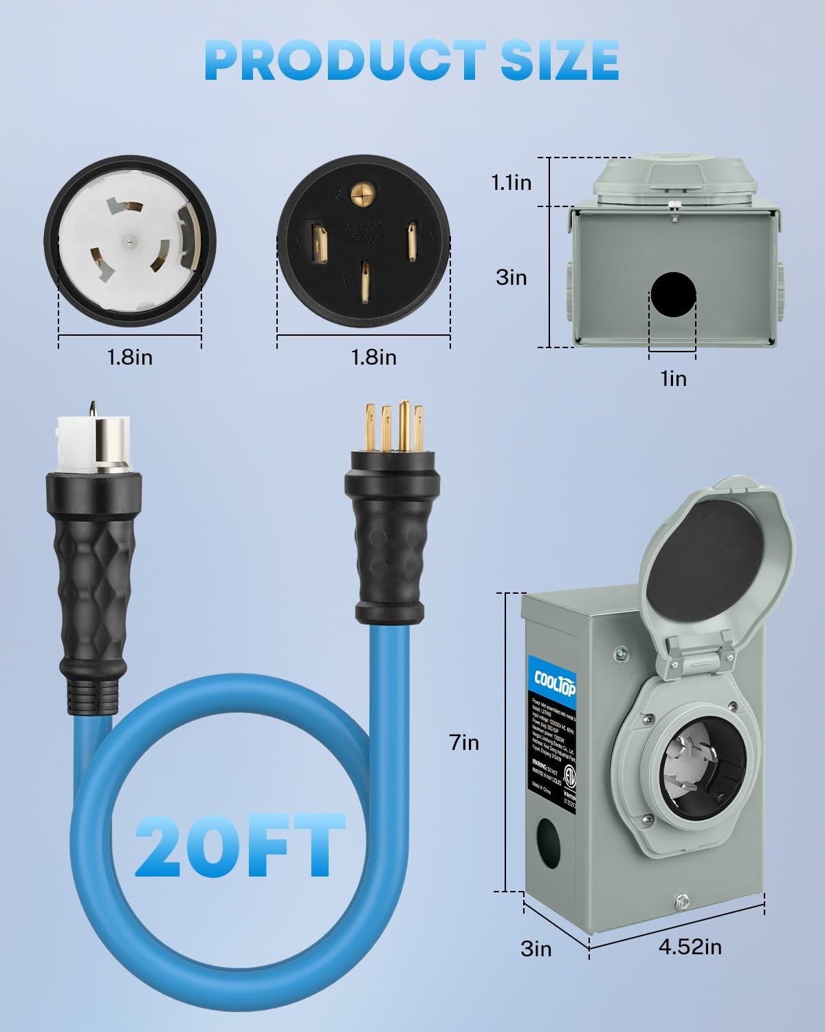 Cooltop 50 Amp Generator Cord And Power Inlet Kit 20Ft Extension Cable Stw