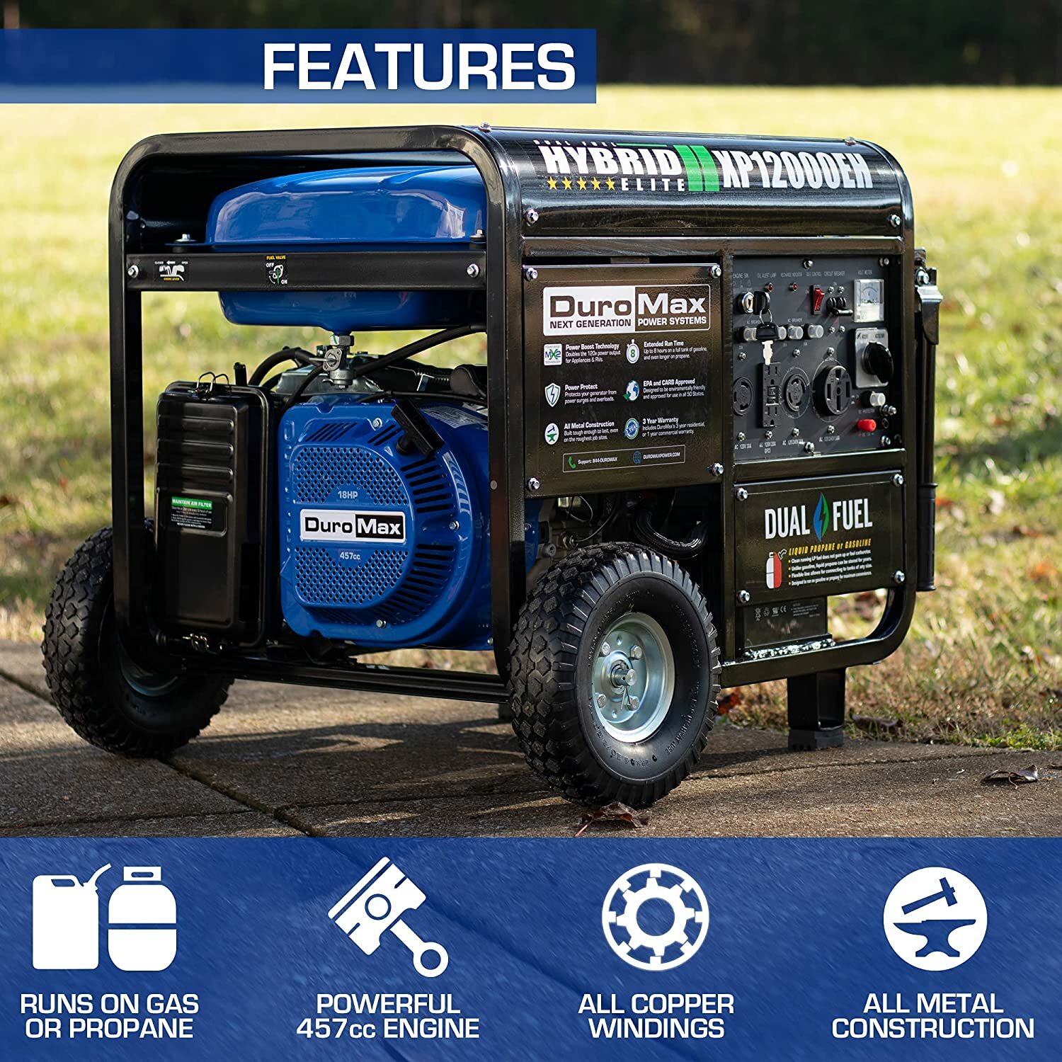 DuroMax XP12000EH 12,000-W Portable Hybrid Dual Fuel Generator w/ Electric Start