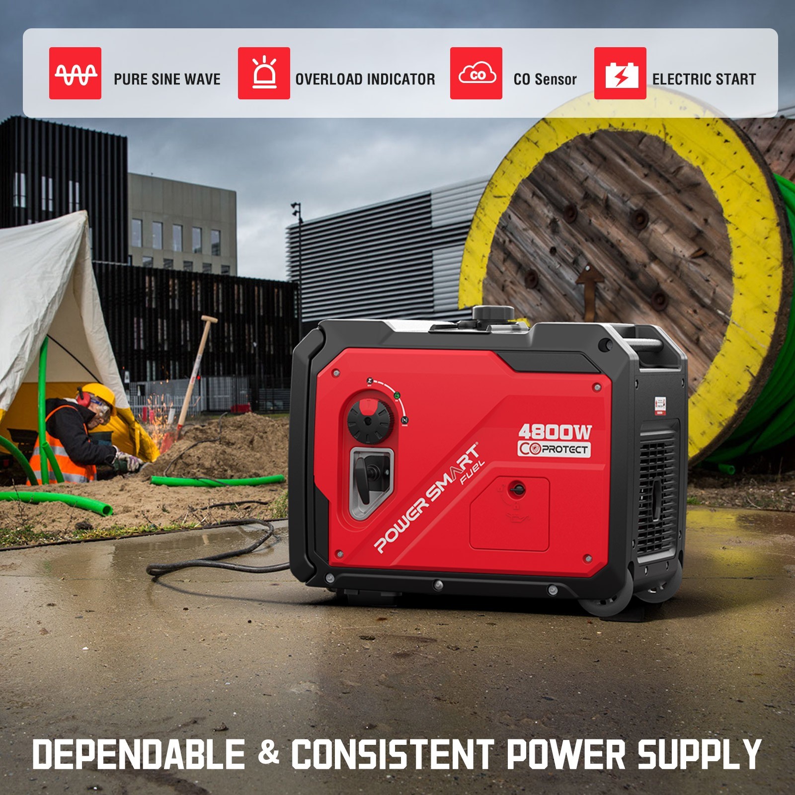 PowerSmart 4800W Gas Inverter Generator, Electric Start, 10H Run, 120V, CO Alarm