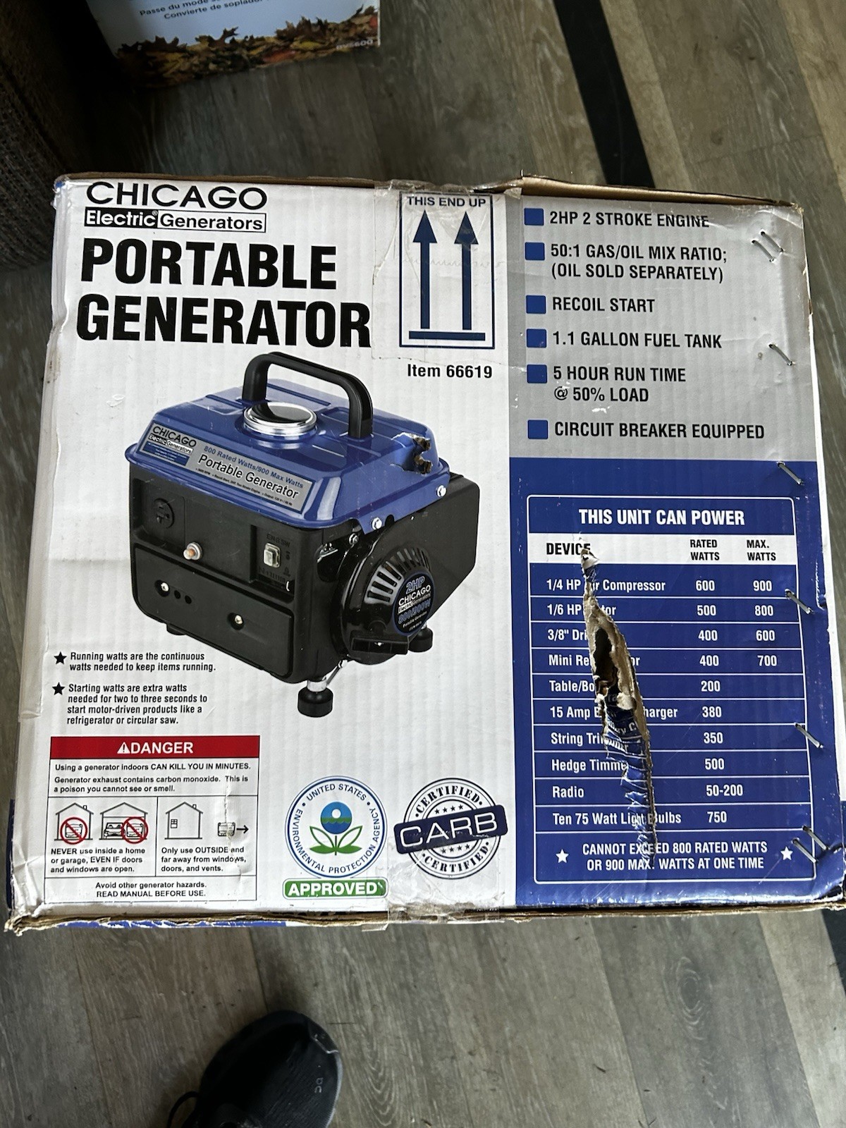 Chicago Electric 800W Portable Generator 900W Max Open Box Gas Powered Compact B