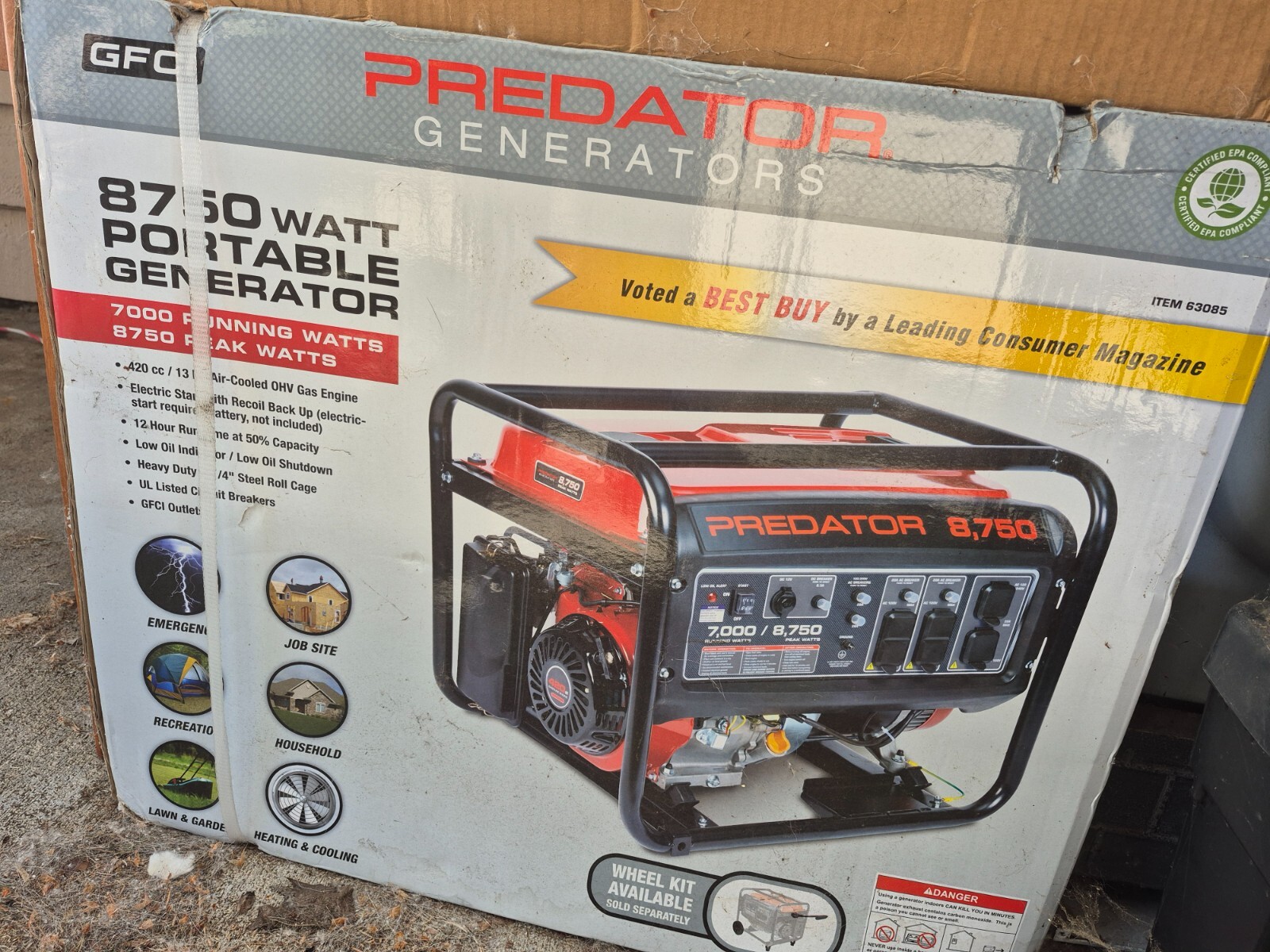 PREDATOR 6500 Watt Gas-Powered Portable Generator – PICKUP ONLY – SEE PHOTOS